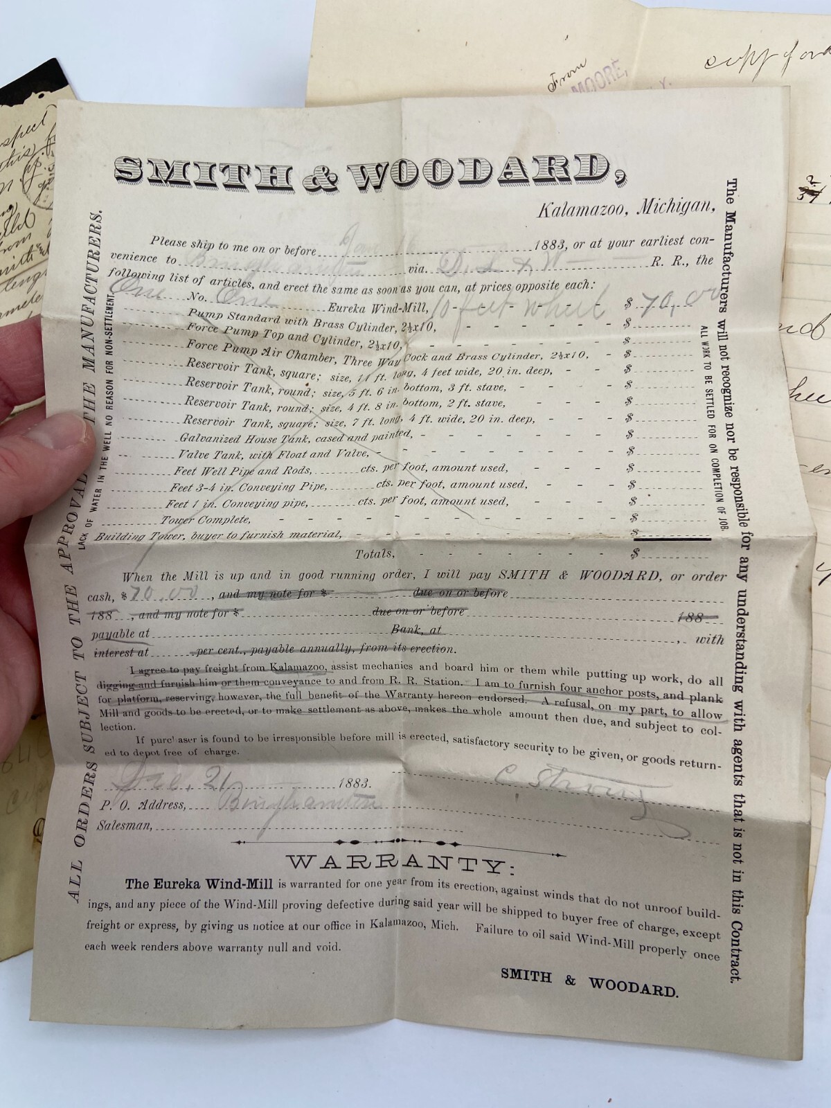 RARE ARCHIVE Letters Drawing Ephemera Smith Woodard WIND MILL Kalamazoo MI 1883