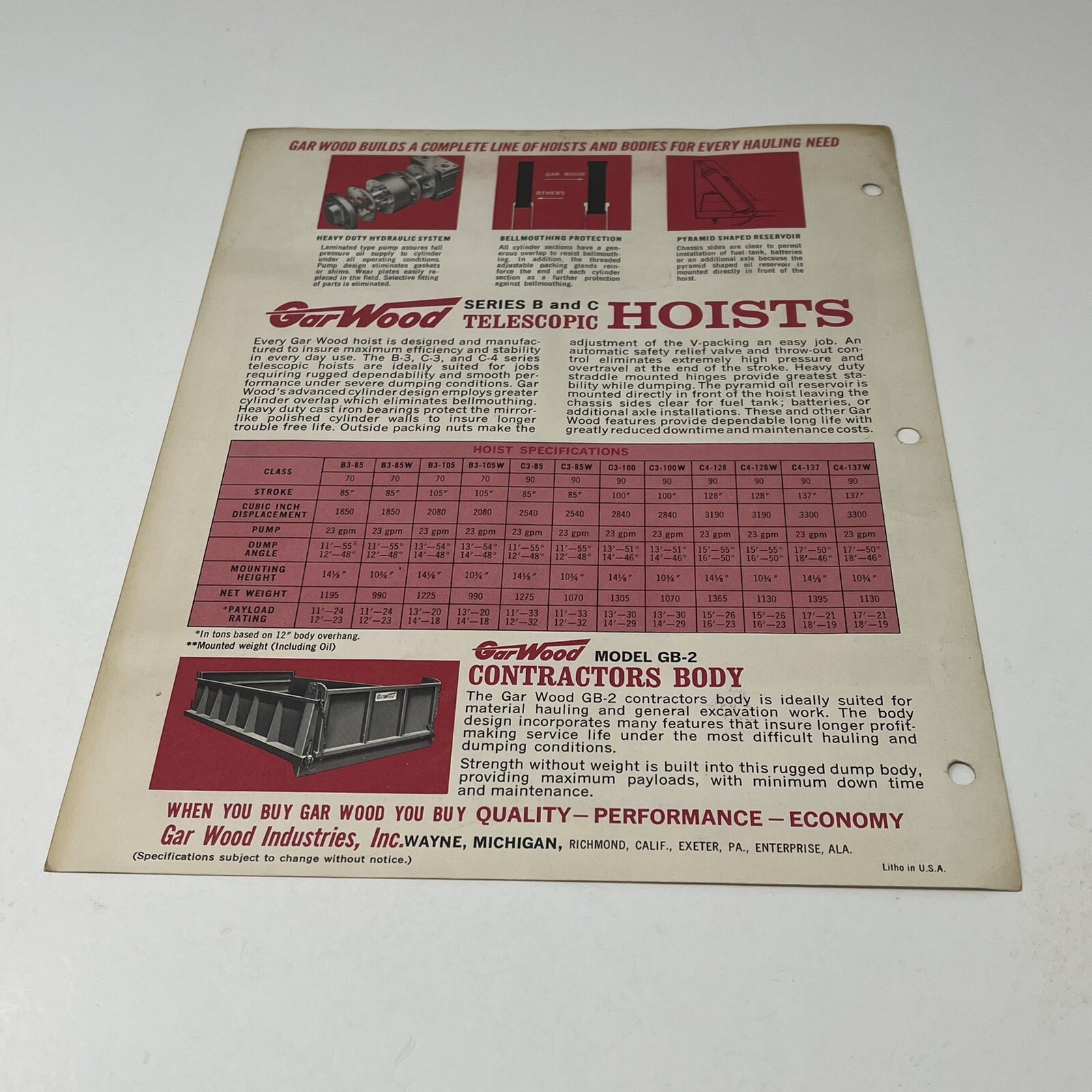 Garwood Series B C Telescopic Truck Hoists Sales Brochure Catalog 1960s