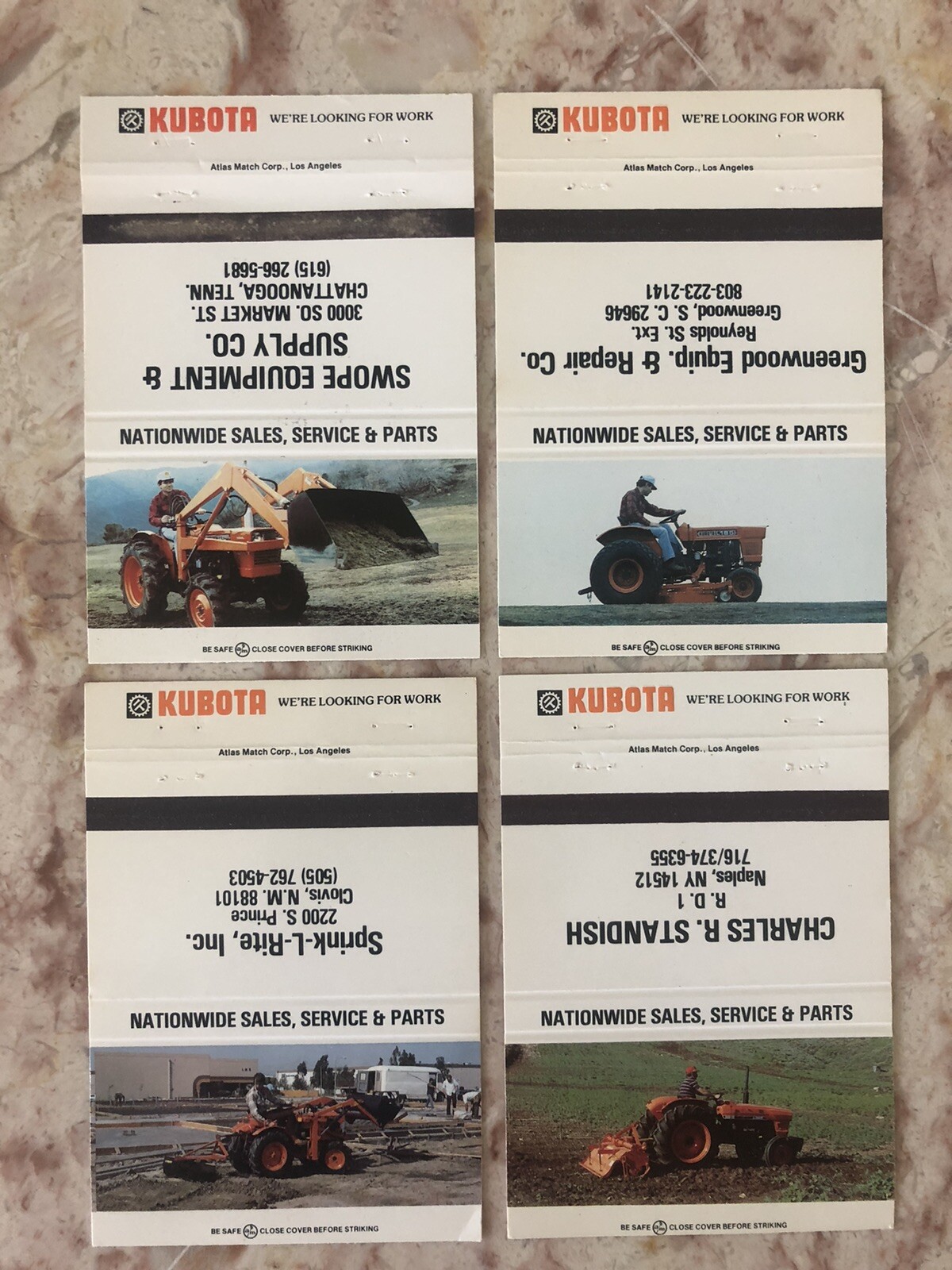 Kubota Tractor Matchbook Cover Lot Chattanooga TN Greenwood SC Naples NY Clovis