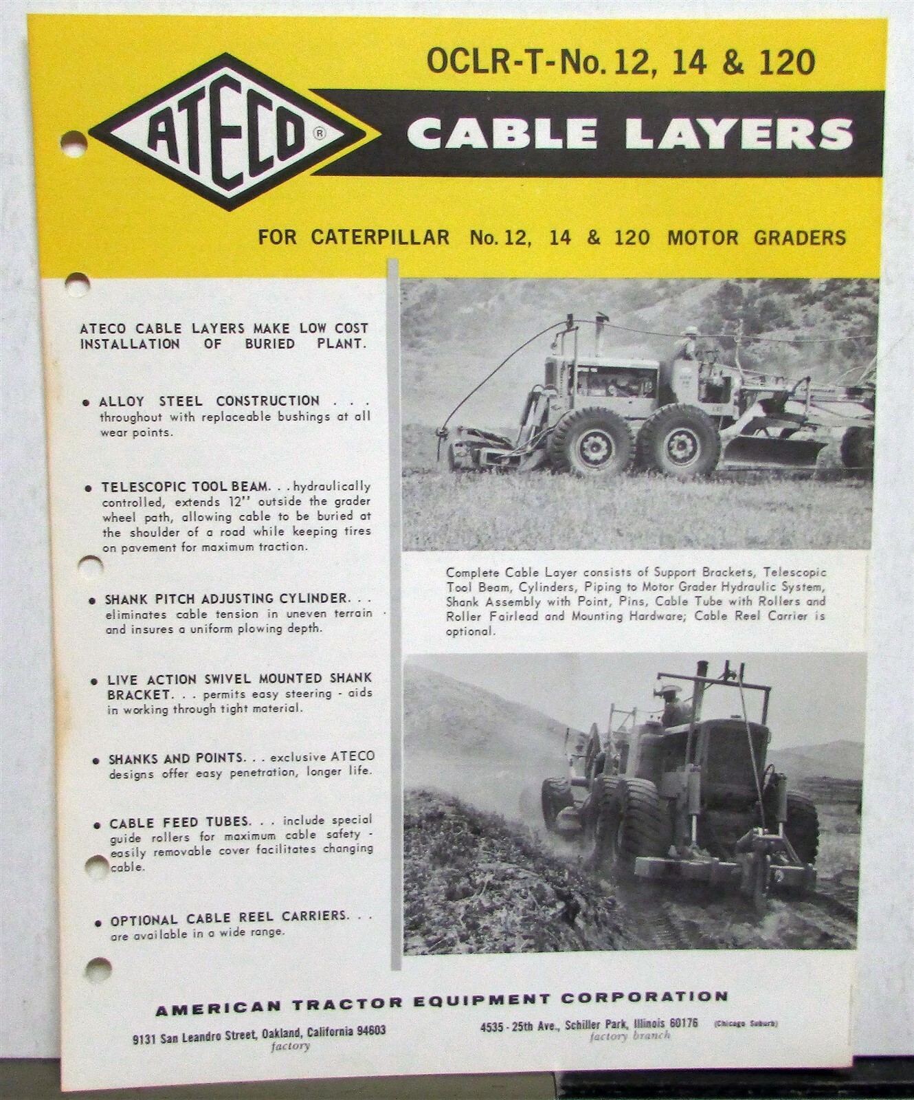 1967 ATECO Cable Layer OCLR-T 12 14 120 Road Grader Construction Sale Data Sheet