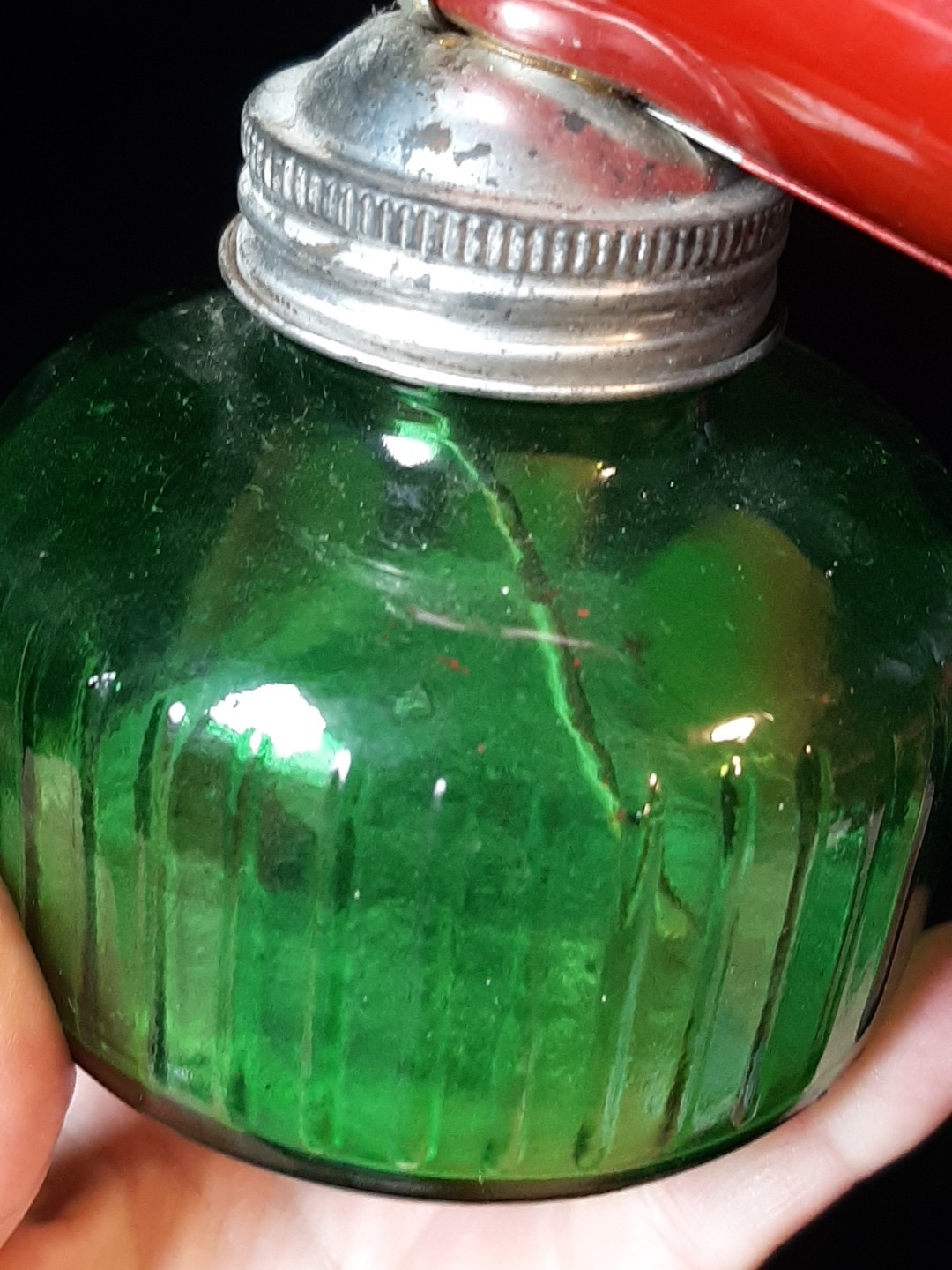 Vintage Hudson Pump Duster Bug Sprayer Green Glass Bottle Jar Metal Wood Fogger