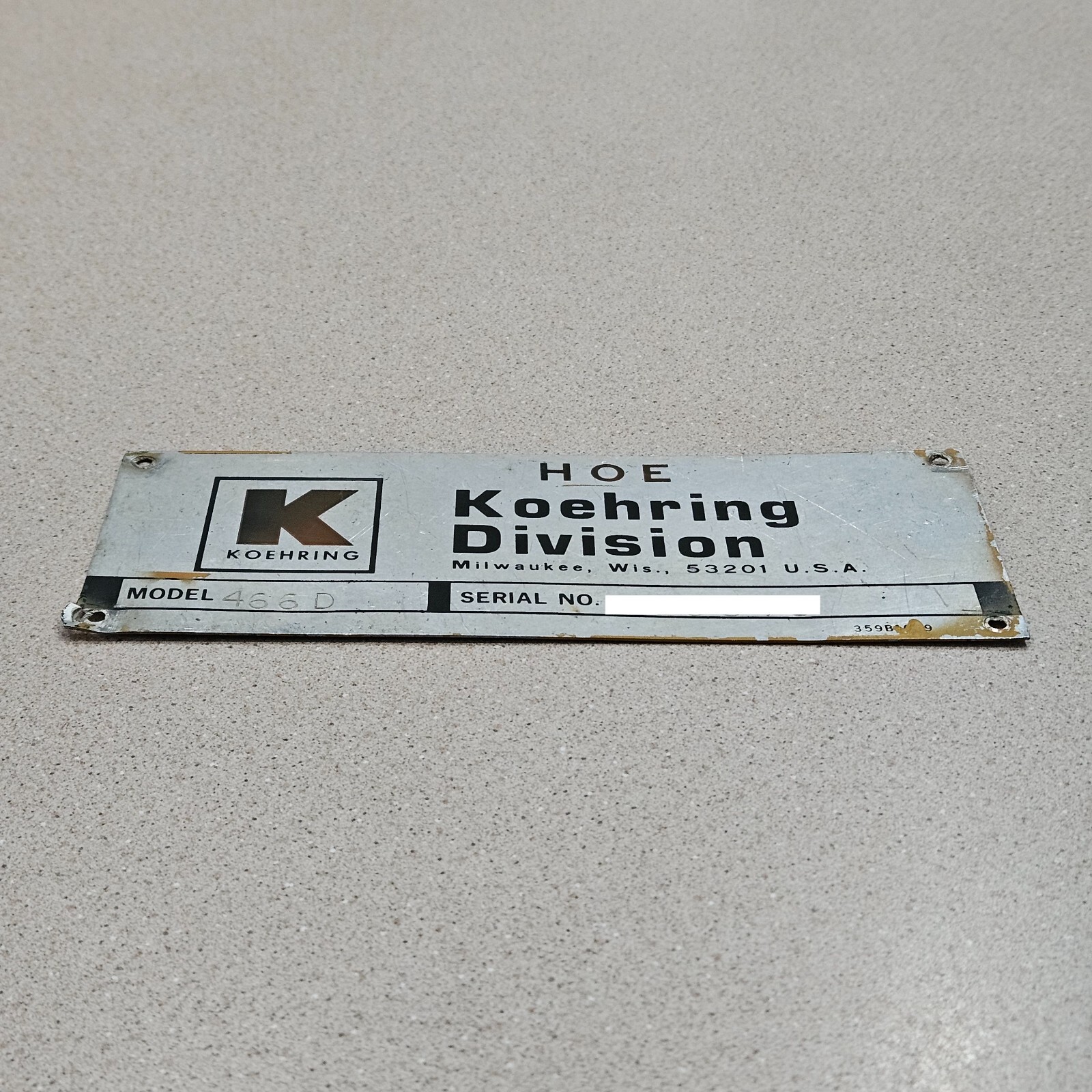 Vintage Koehring Division Milwaukee Excavator Backhoe Metal Data Sign Name Plate