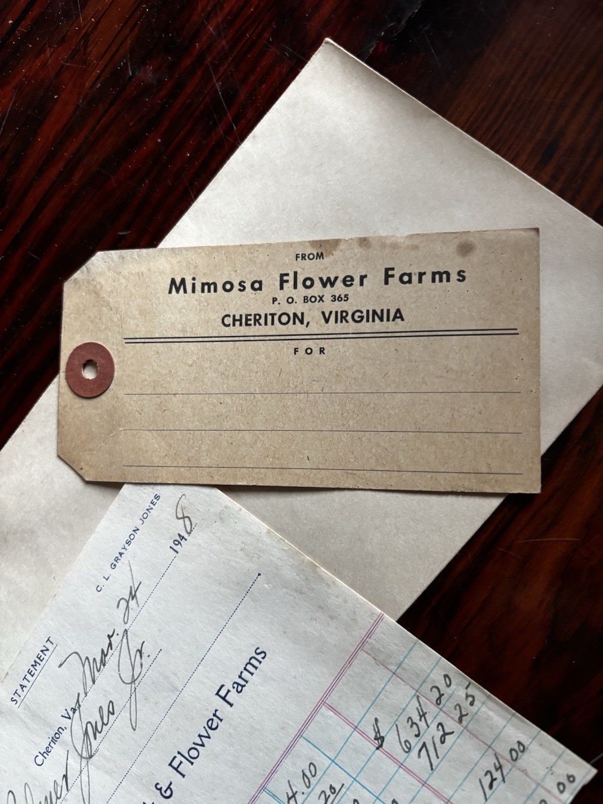 1948 Mimosa Truck & Flower Farms Cheriton VA ESVA Shipping Tag Invoice Envelope