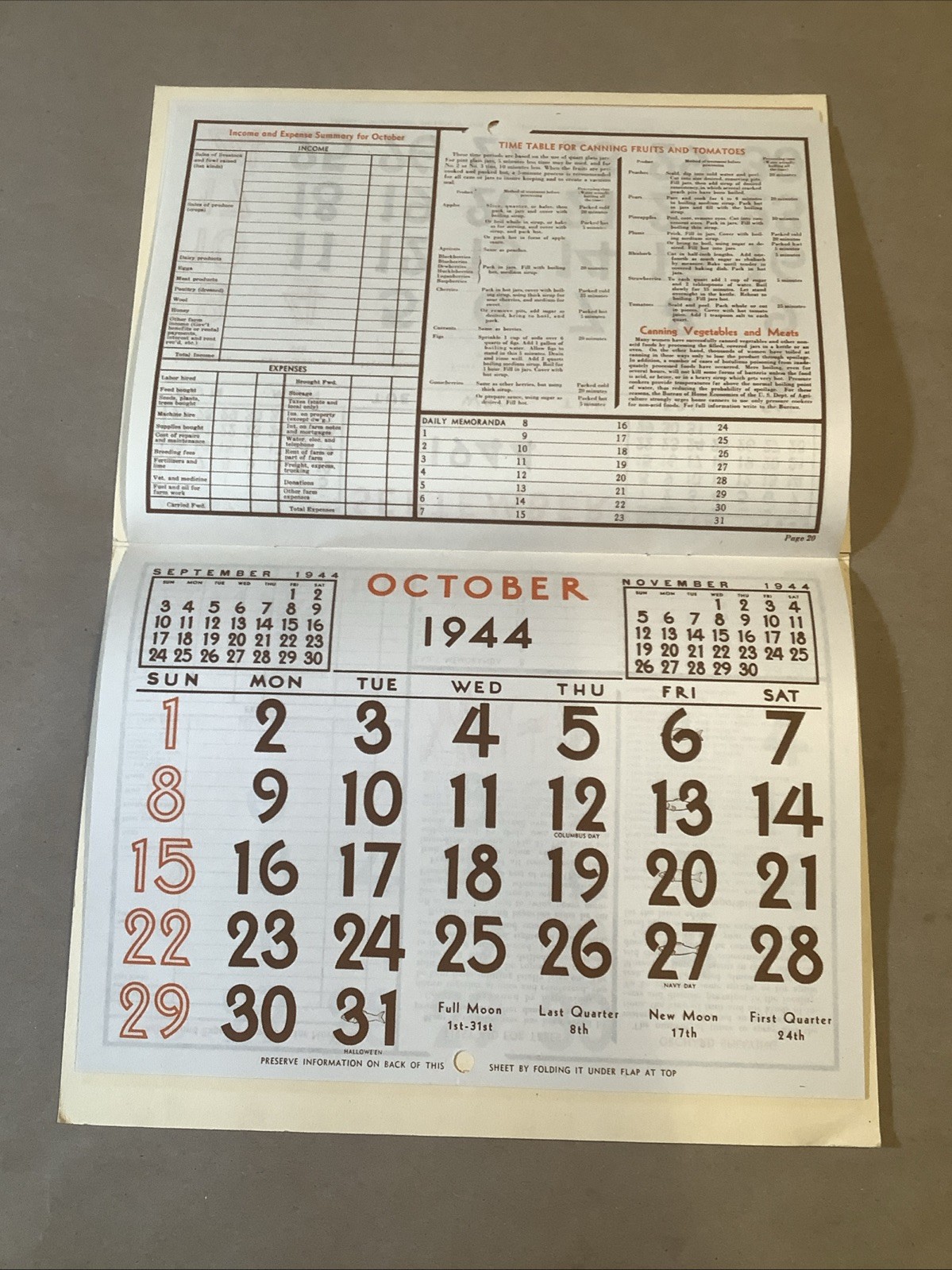 1944 Muntz-McLaughlin Co. Farm Inventory Calendar Holgate OH INV-P0547