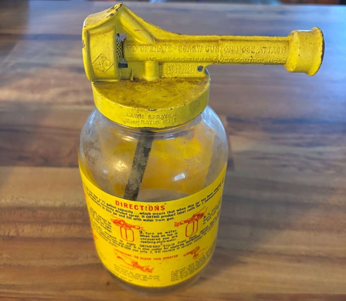 Vintage Ortho Lawn Sprayer Glass Jar Yellow Metal Lid 8&Prime; w/ Instructions on Jar