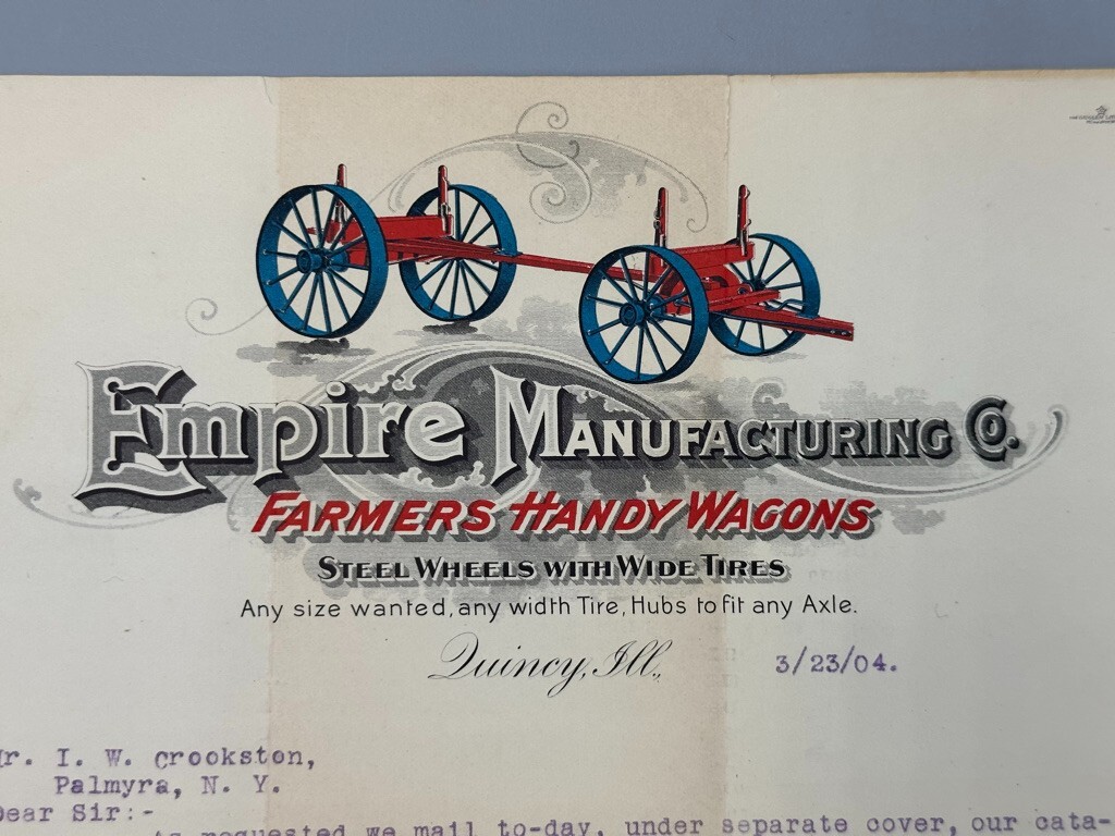 1904 EMPIRE FARM WAGONS Advertising ILLUSTRATED Postal Cover Antique QUINCY IL