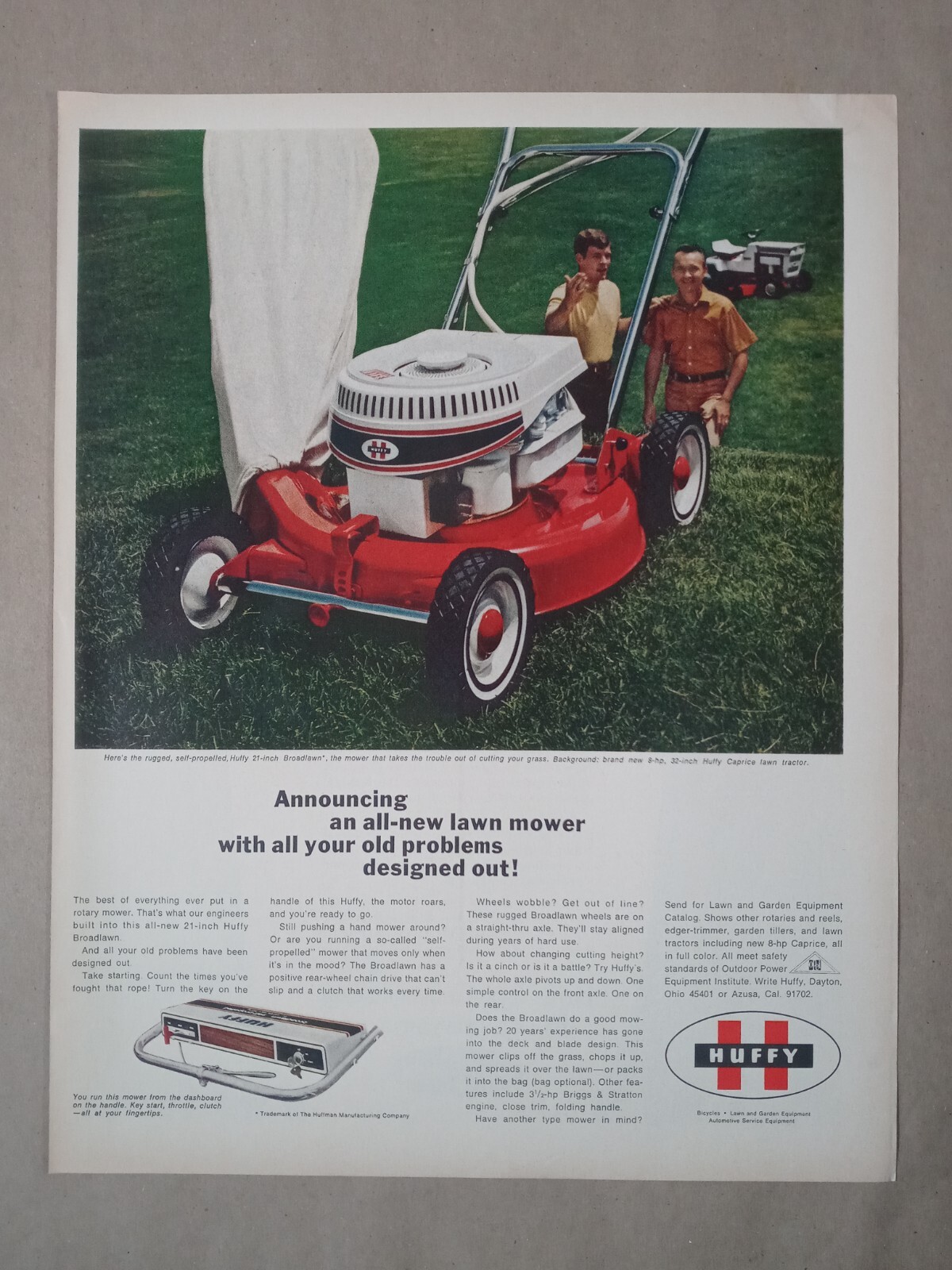 1970 HUFFY Brand Lawn Mower Broadlawn Caprice Garage Red Vintage Poster Print Ad