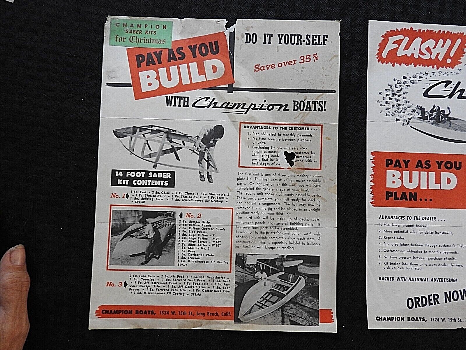 (2) 1950&rsquo;s CHAMPION BOATS &lsquo;build your own » BROCHURES LONG BEACH CA CALIFORNIA