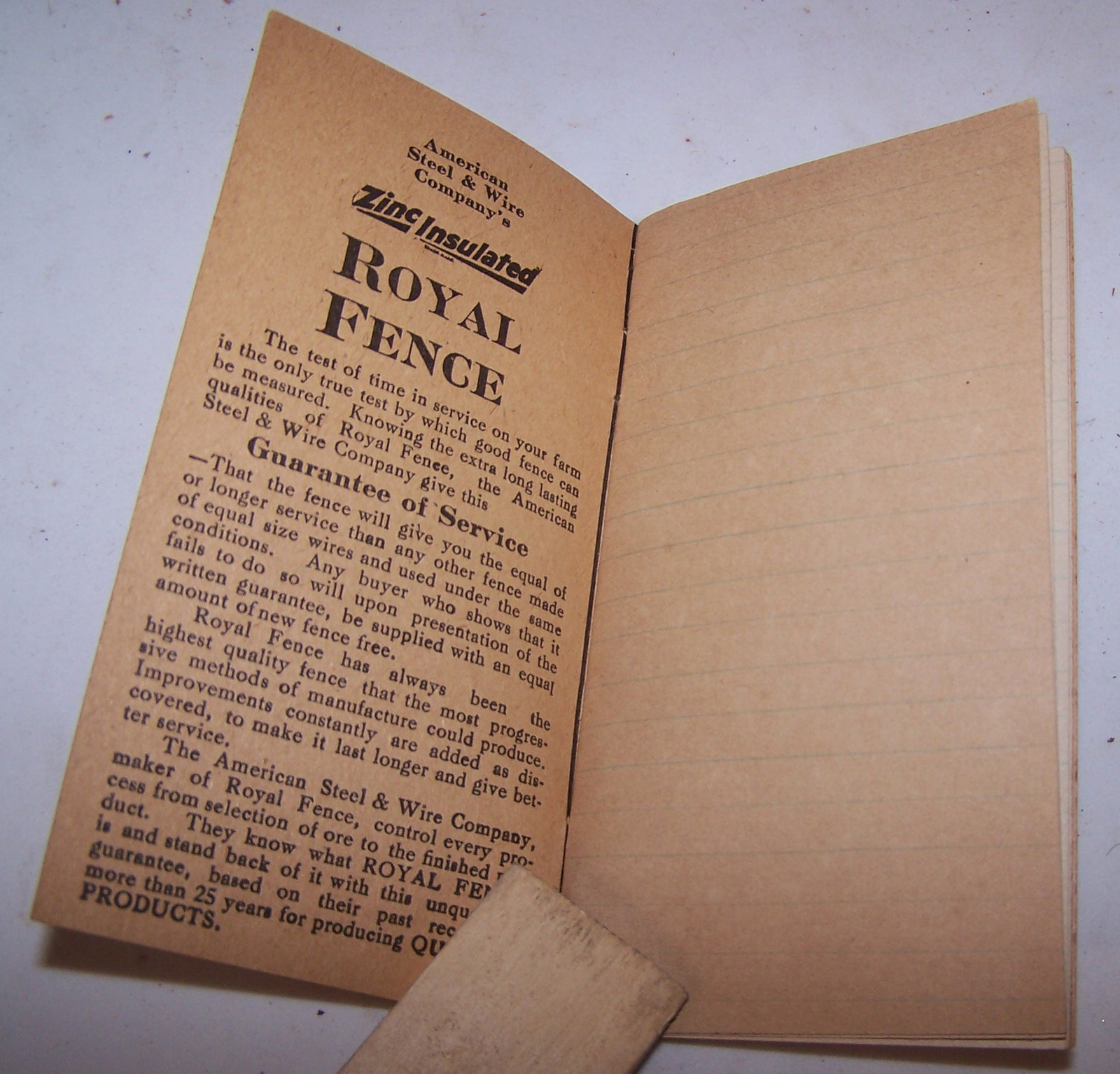 1926 John Cook & Sons Royal Fence Pocket Size Memo Book GREENCASTLE INDIANA