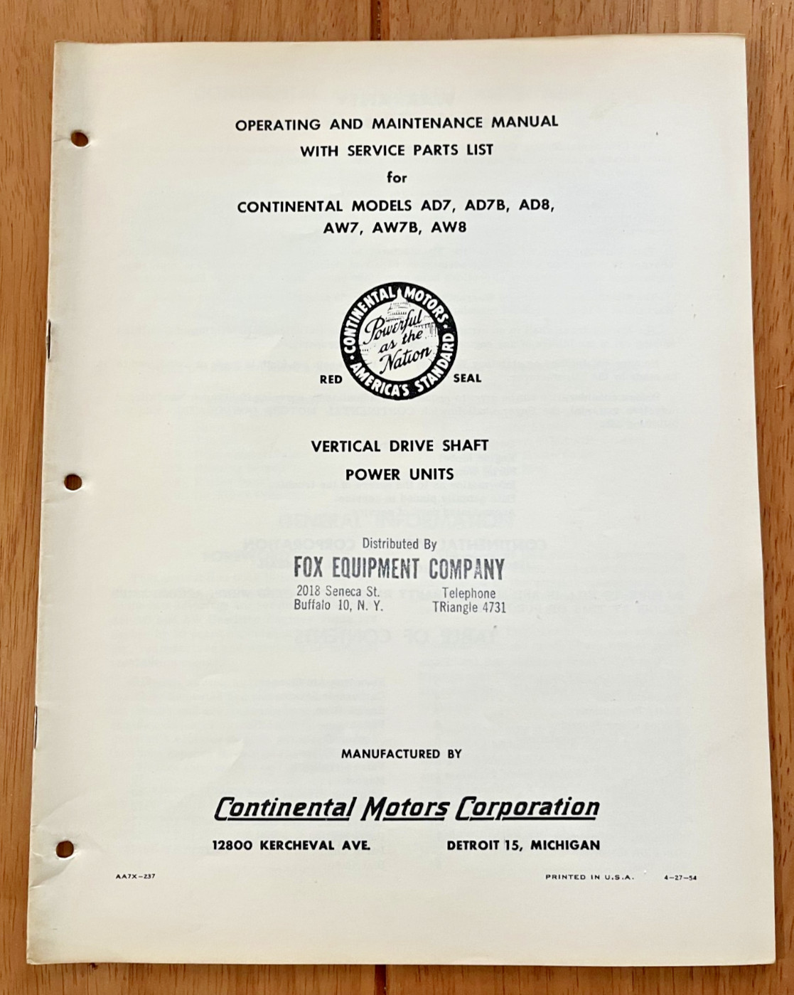 Continental Red Seal Air Cooled Engine model AD7 AD7B AD8 AW7 AW7B AW8 manual