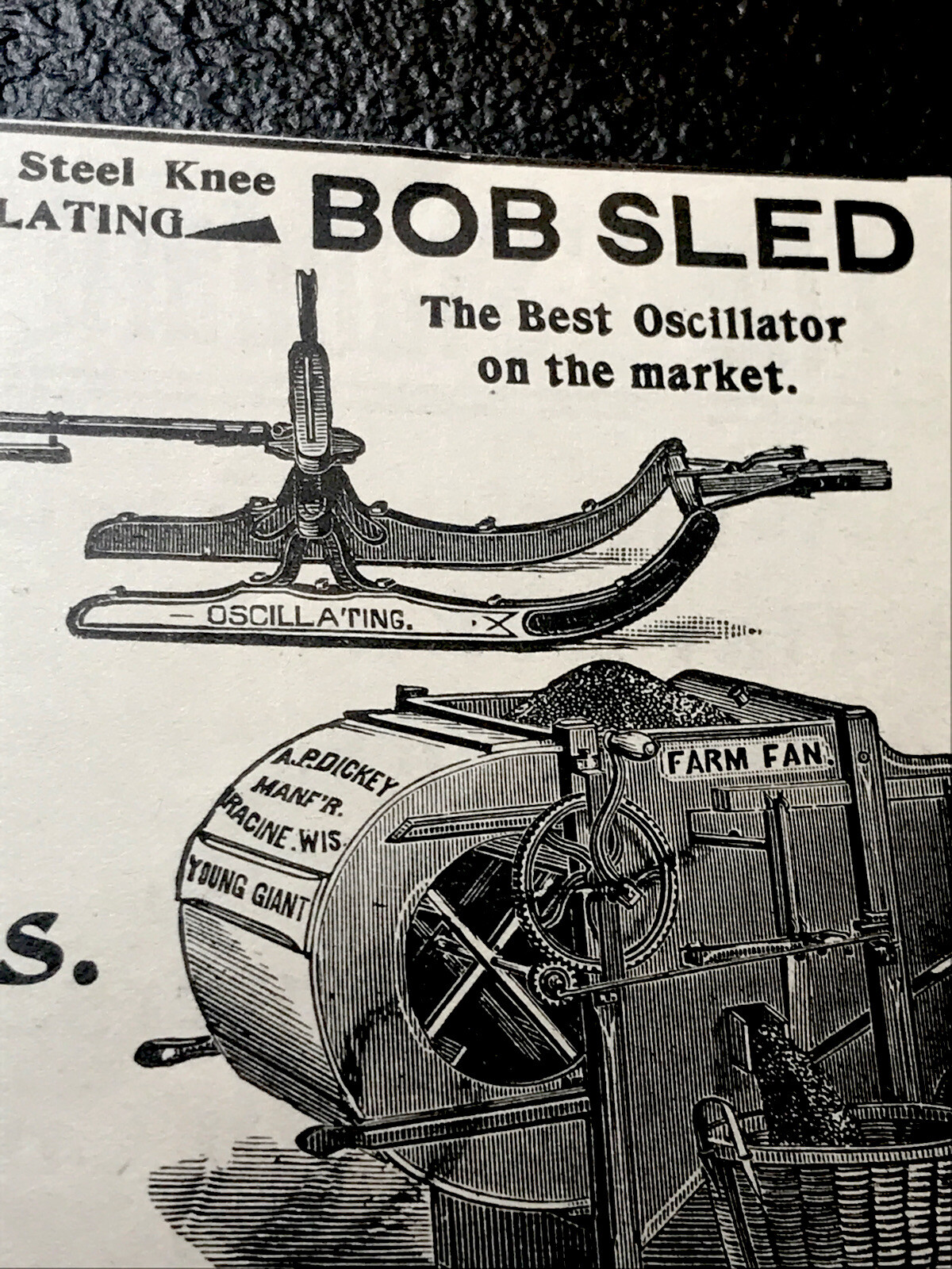 1897 Dickey Bob Sled & Fanning Mills Farm Advertising – Racine – Wisconsin