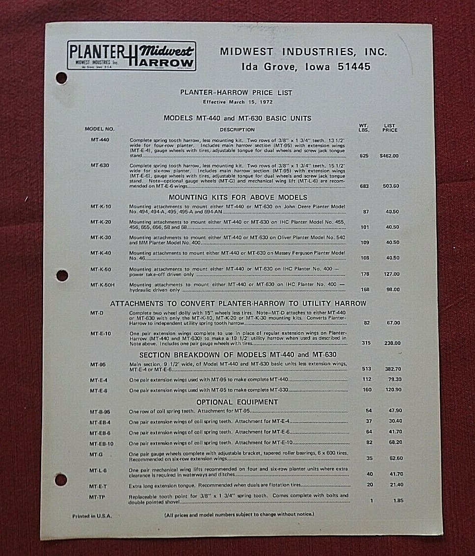 1971 PLANTER HARROW FARM IMPLEMENT BROCHURE MIDWEST IND. INC. IDA GROVE IA IOWA