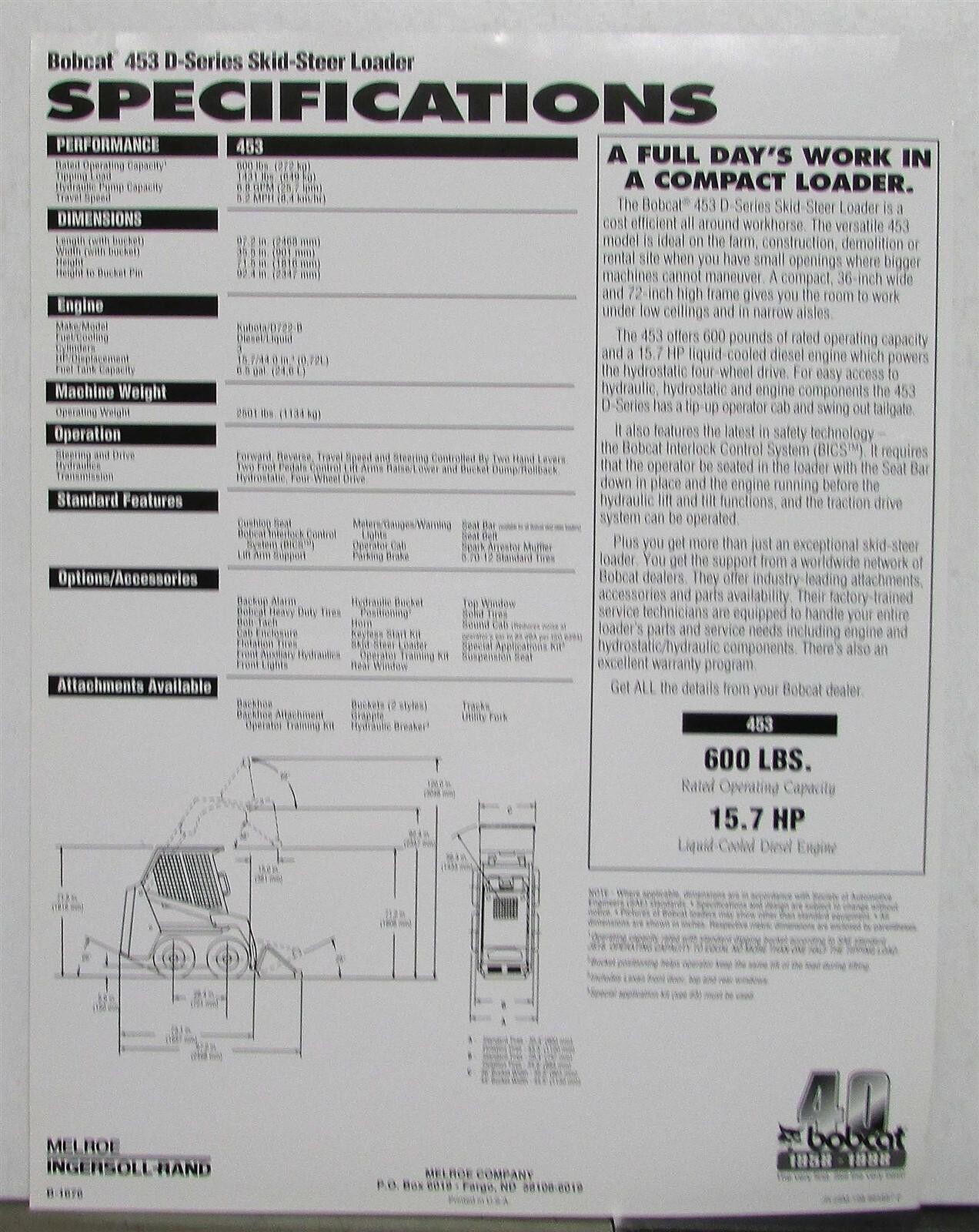 1999 Bobcat Ingersoll-Rand 453 D-Series Skid Steer Loader Construction Sheet