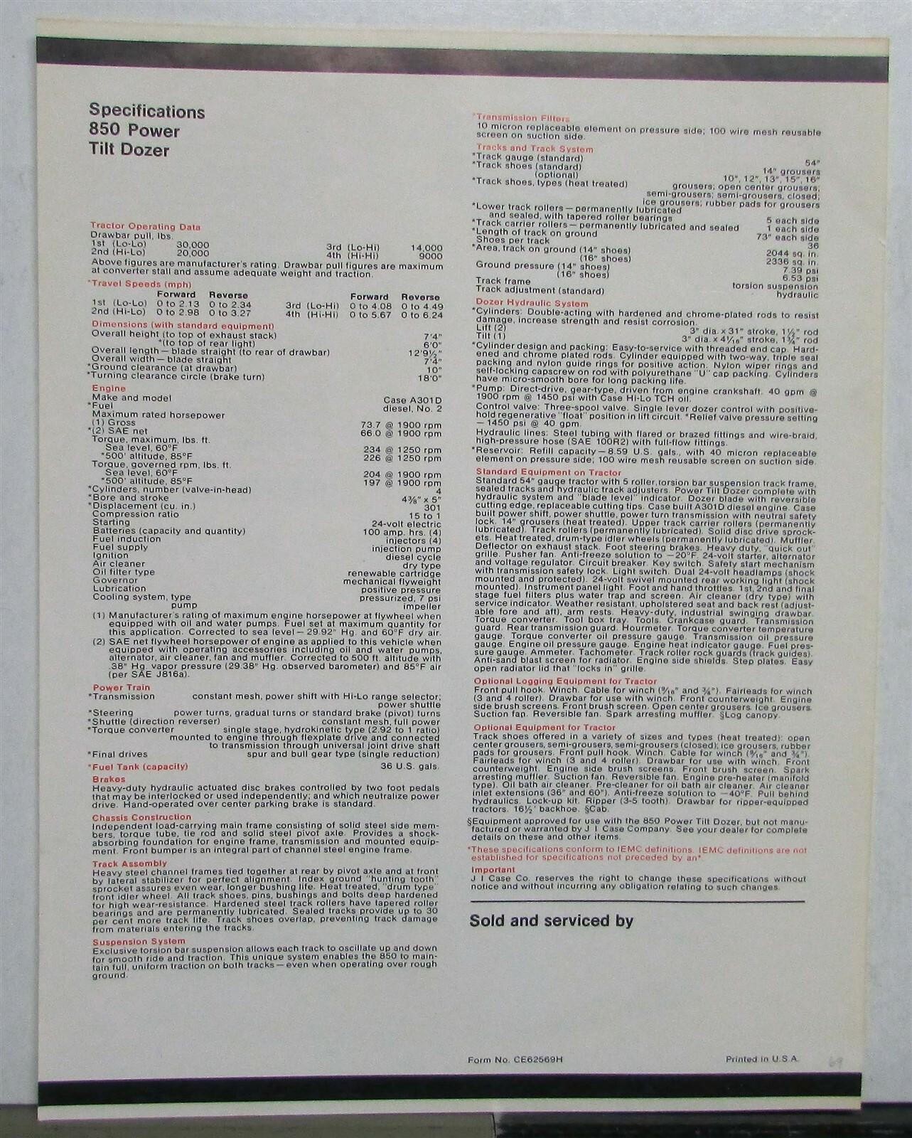 1969 Case 850 Power Tilt Dozer Construction Specifications Sales Data Sheet