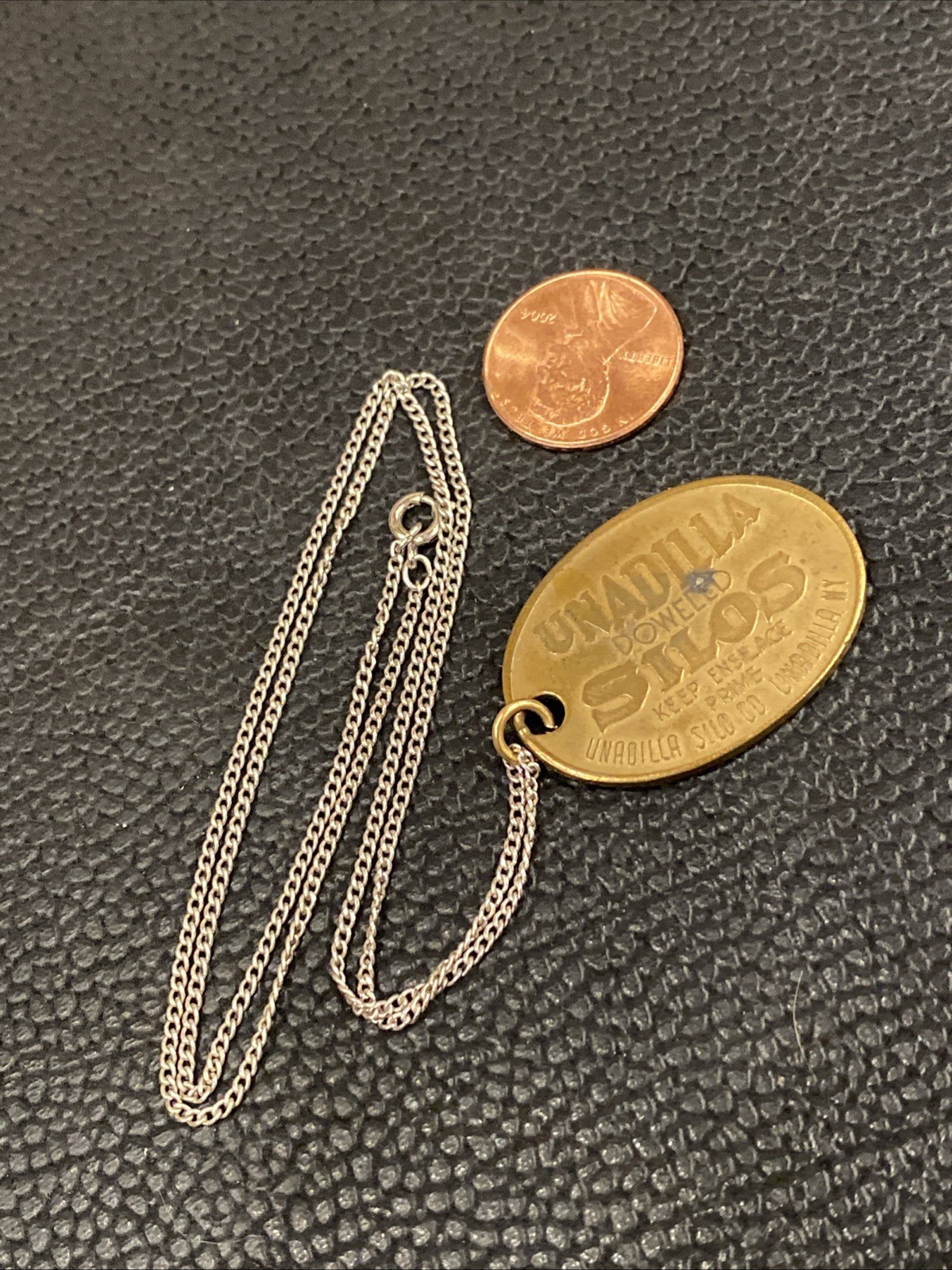 1906 ANTIQUE UNADILLA SILOS NY FARM ADVERTISING PENDANT KEYCHAIN CHARM FOB TAG