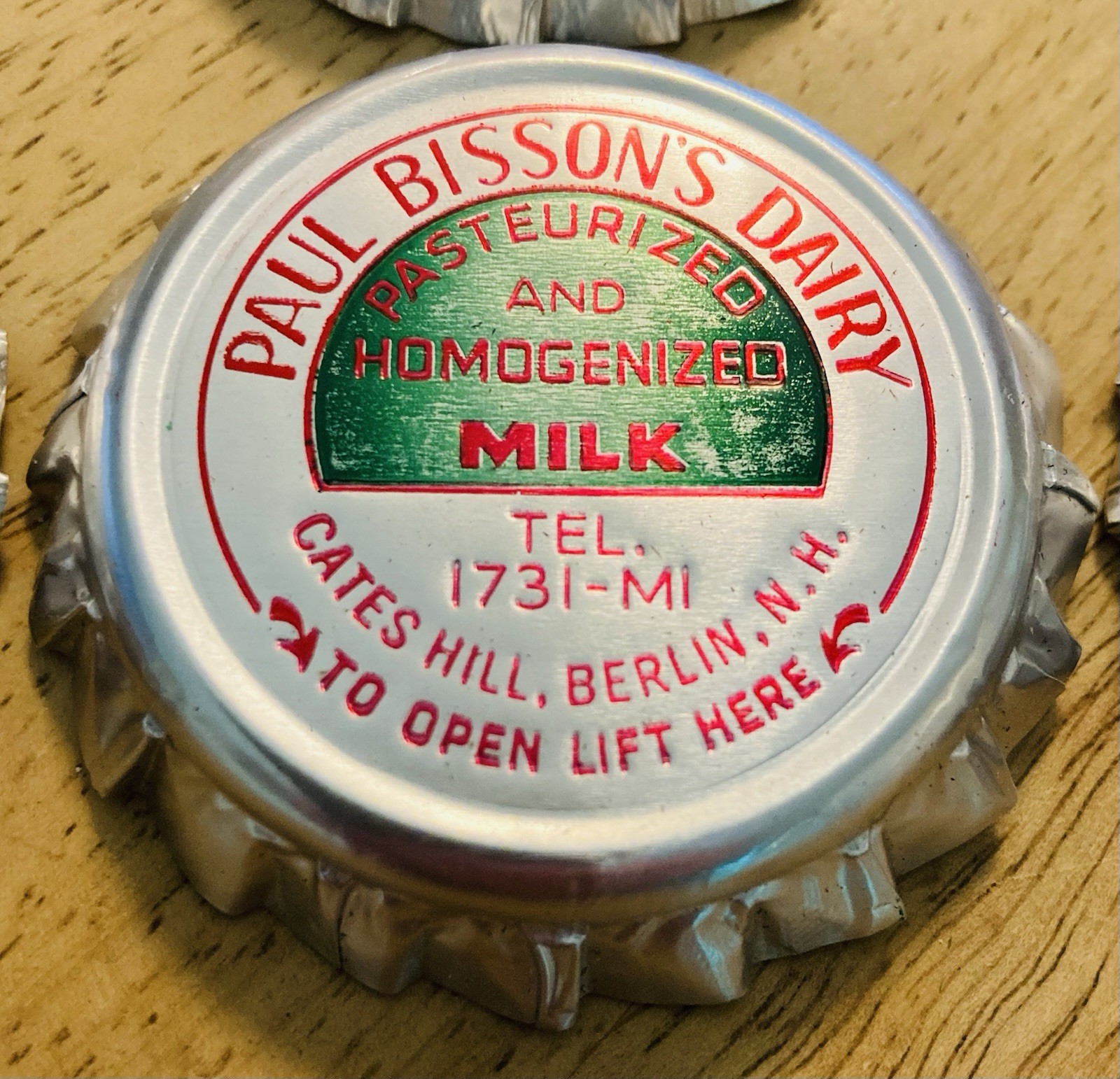 MILK BOTTLE CAP~(6)~PAUL BISSON’S DAIRY, CATES HILL, BERLIN, NH. FOIL MILK CAPS.