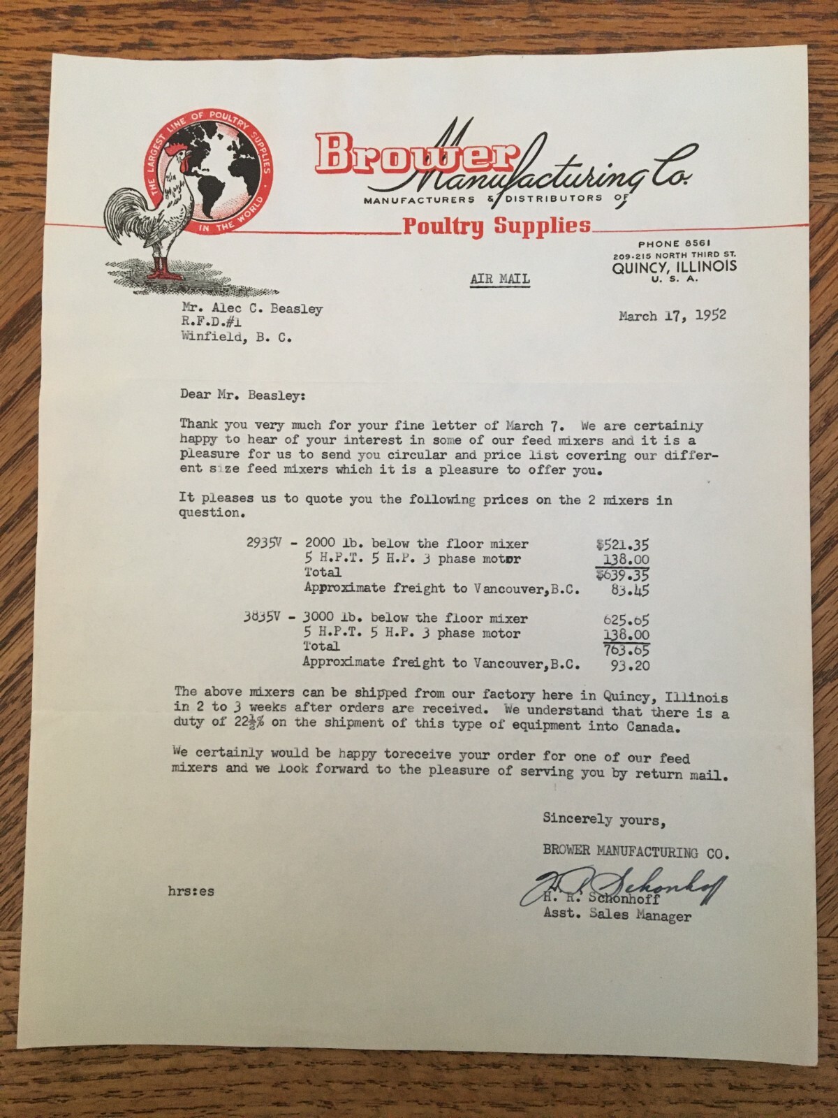 Brower Manufacturing Poultry Supplies Receipt 1952 Kelowna BC Cattle Ranch Farm