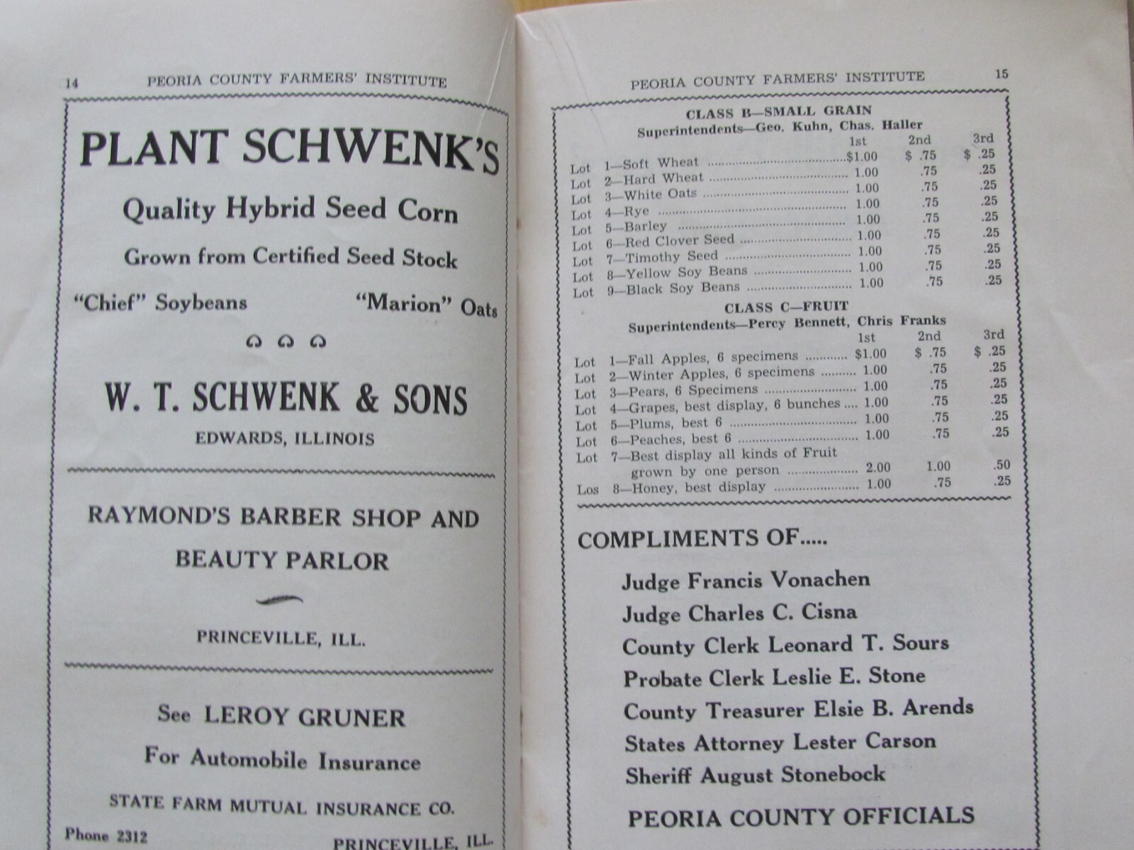 1941 SHOW PROGRAM BOOK PEORIA COUNTY FARM INSTITUTE DUNLAP IL LOCAL ADVERTISING