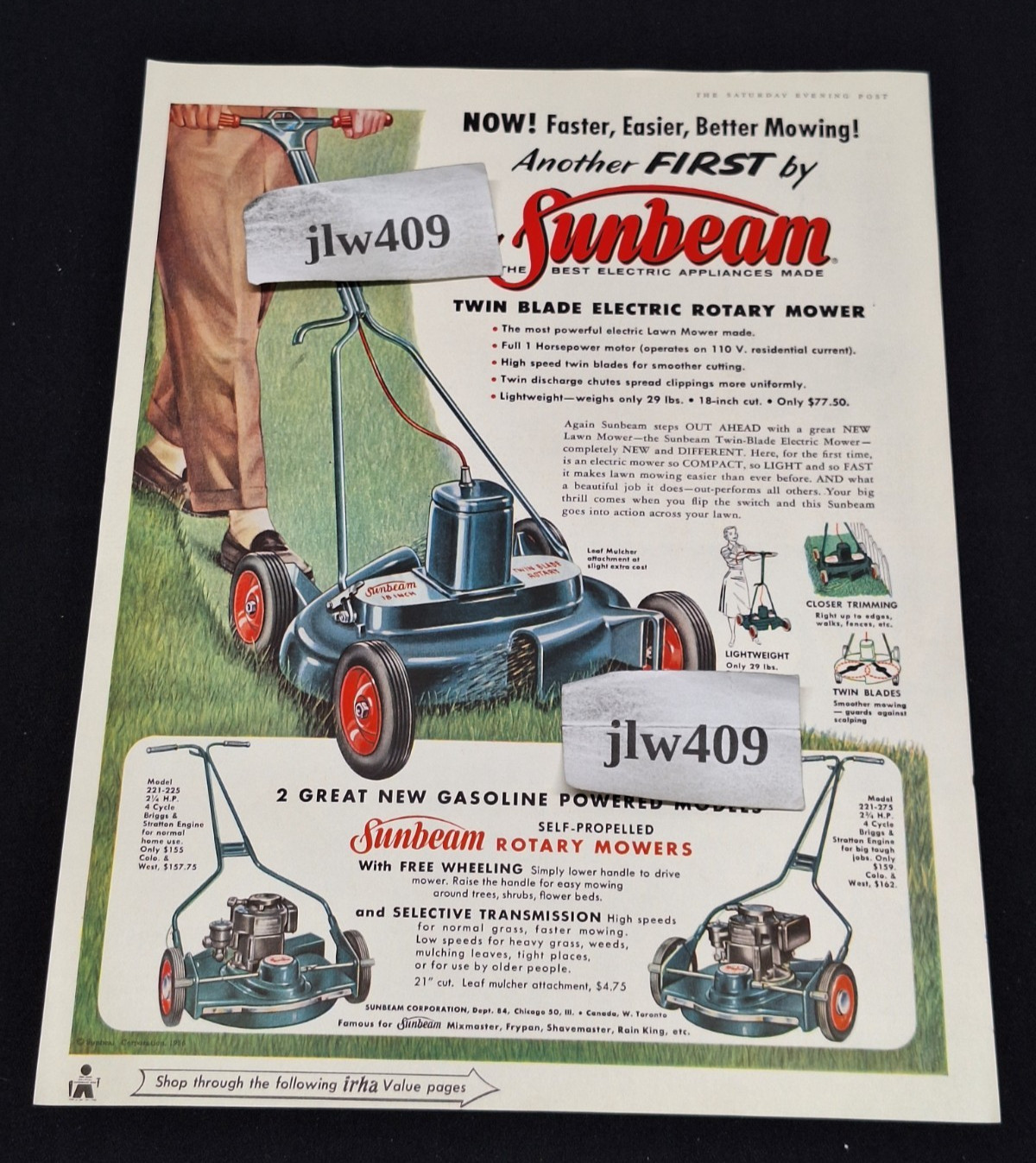 1956 SUNBEAM LAWN MOWER MAGAZINE AD Print Ad rotary mowers