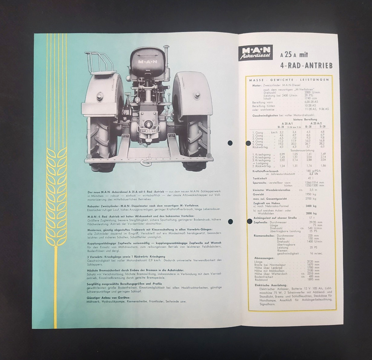 VINTAGE MAN A25A GERMAN TRACTOR 1954 BROCHURE GERMAN TEXT