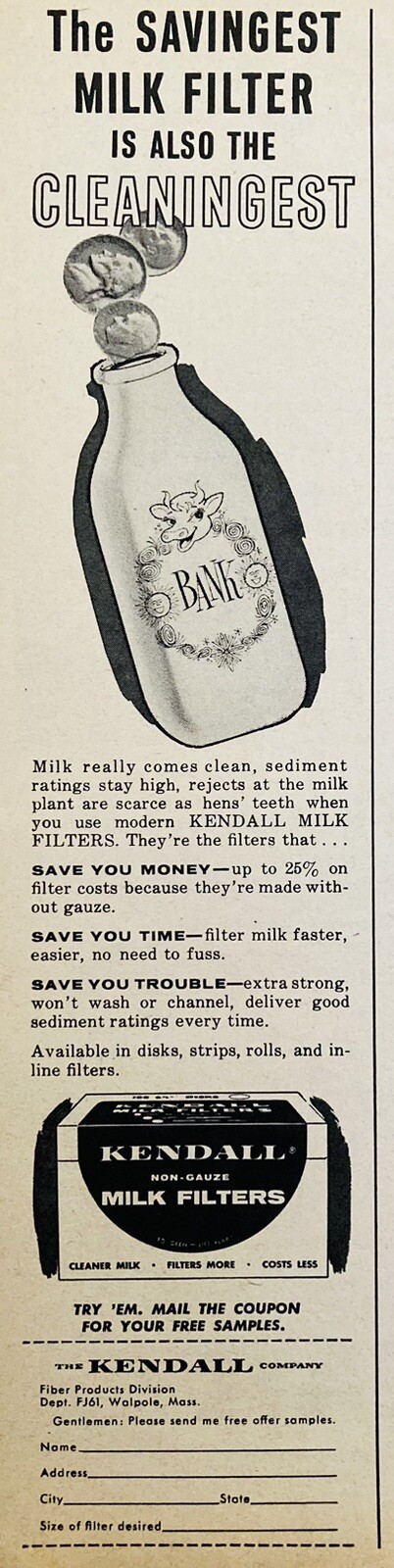 1961 AD.(XH75)~THE KENDALL CO. WALPOLE, MASS. KENDALL MILK FILTERS