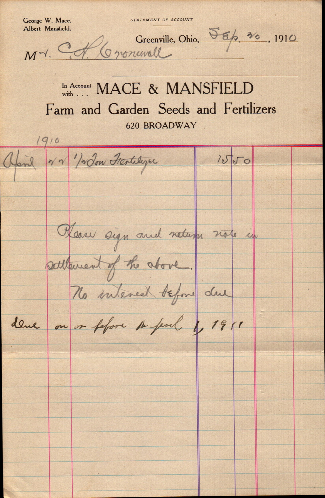 Vintage Advertisement Agricultural Mace & Mansfield Seeds Receipt 1910 Ohio