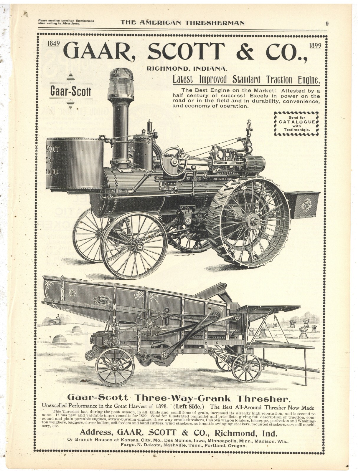 1899 Gaar Scott Traction Engine & Thresher Ad: Richmond IN. REV is Sattley