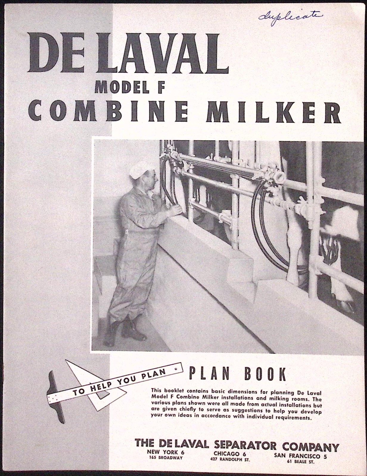 1950 De Laval Model F Combine Milker Plan Book De Laval Separator Co Chicago
