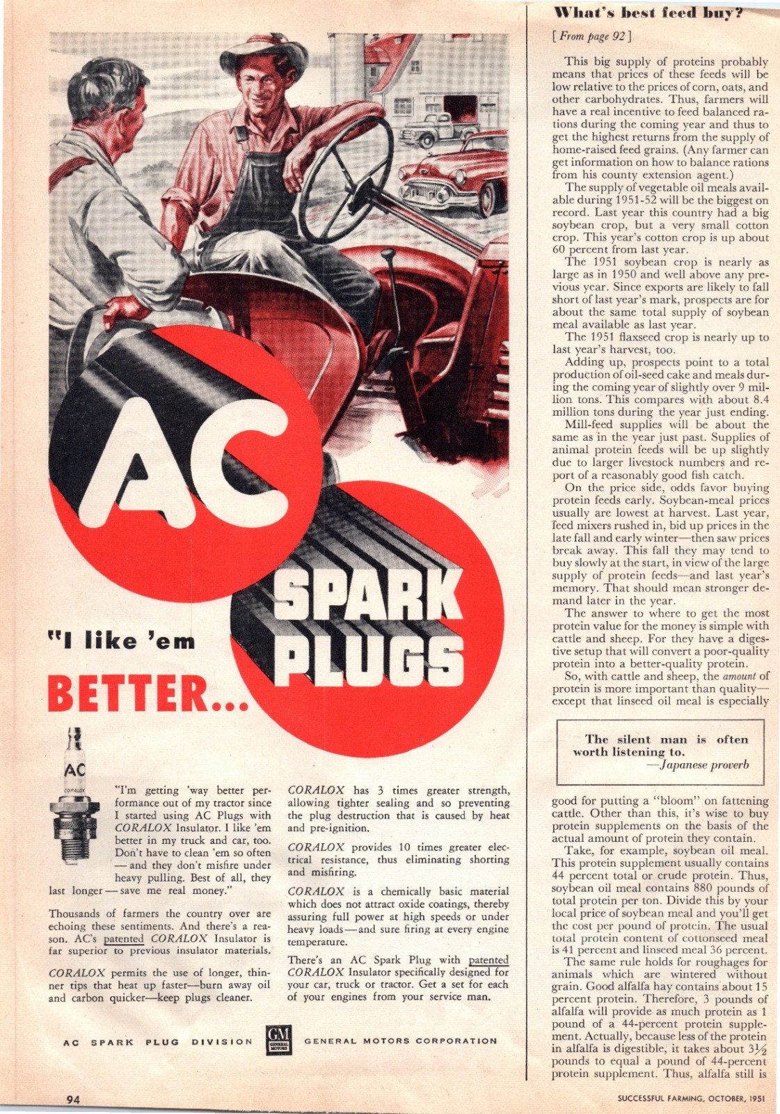 1951 AC Spark Plugs Coralox Insulator Tractor 50&rsquo;s Vintage Print Ad