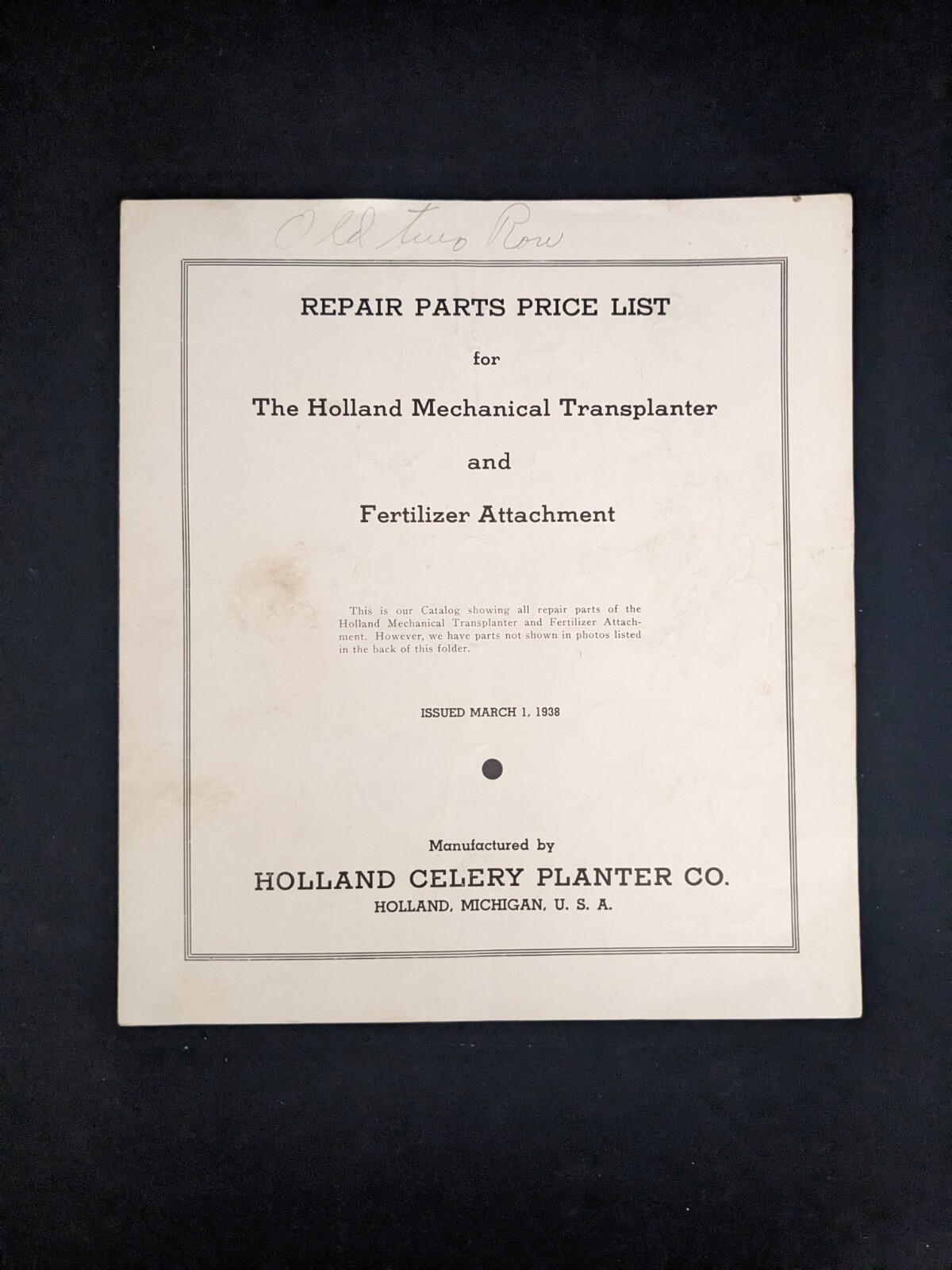 Original 1938 HOLLAND Mechanical Transplanter Operating Instructions Michigan