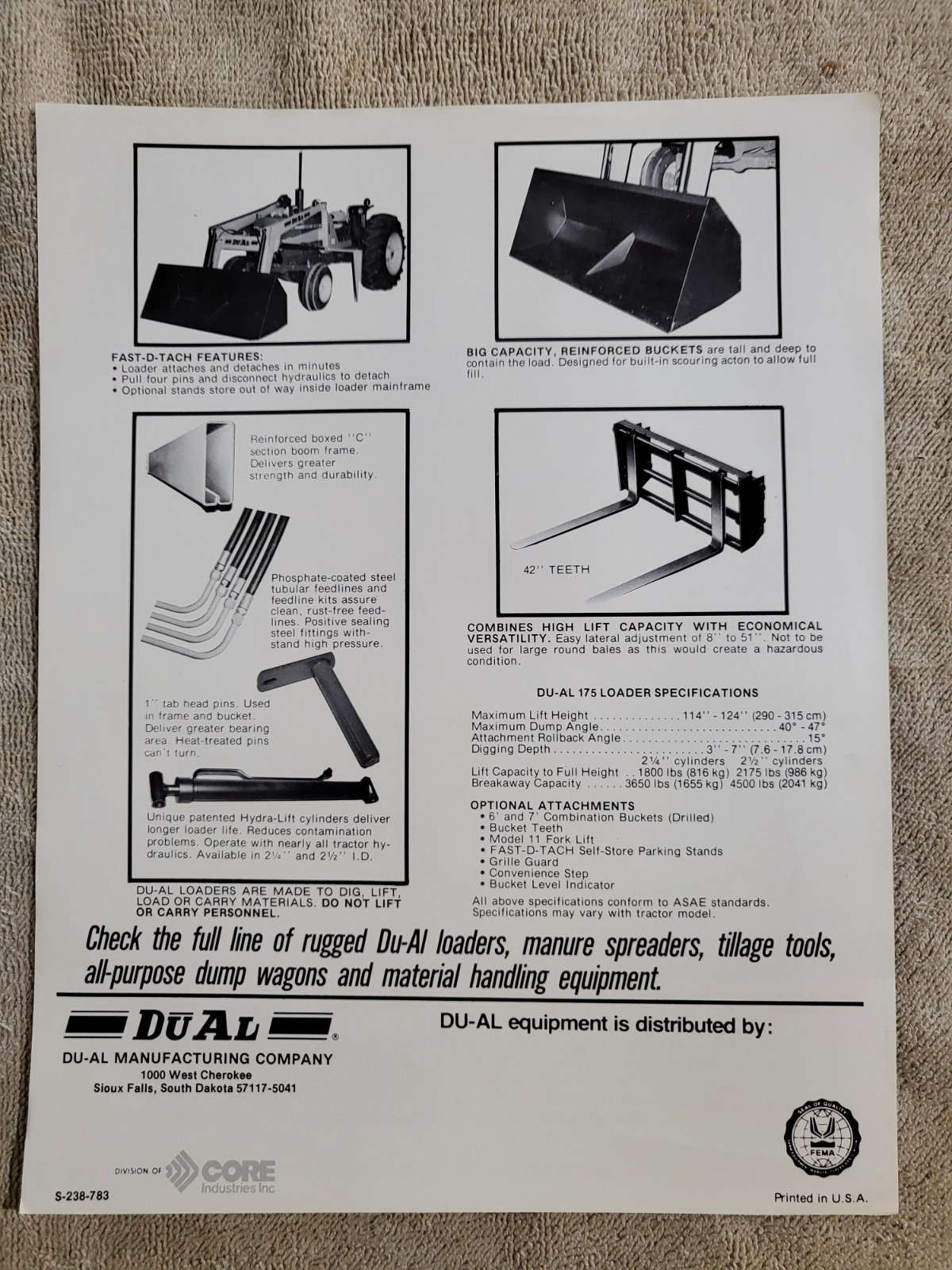 DUAL 175 Tractor Front LOADER BROCHURE Ford John Deere J I CASE Sioux Falls, SD.