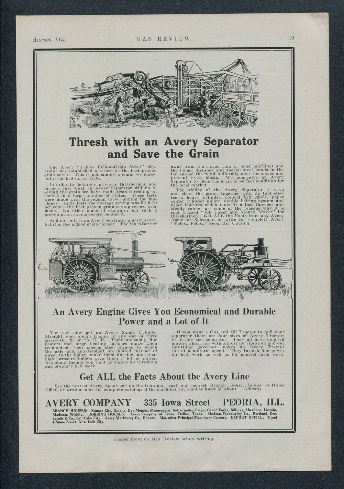 1915 Avery Engine & Grain Separator Ad 3 Models shown