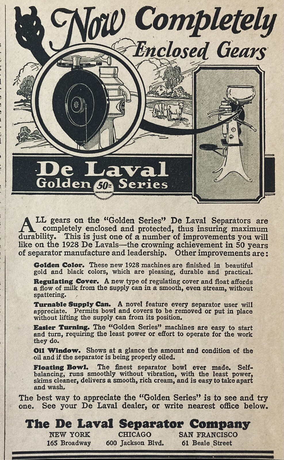 1928 AD.(XH69)~DE LAVAL SEPARATOR CO. CHICAGO. DE LAVEL GOLDEN SERIES SEPARATORS