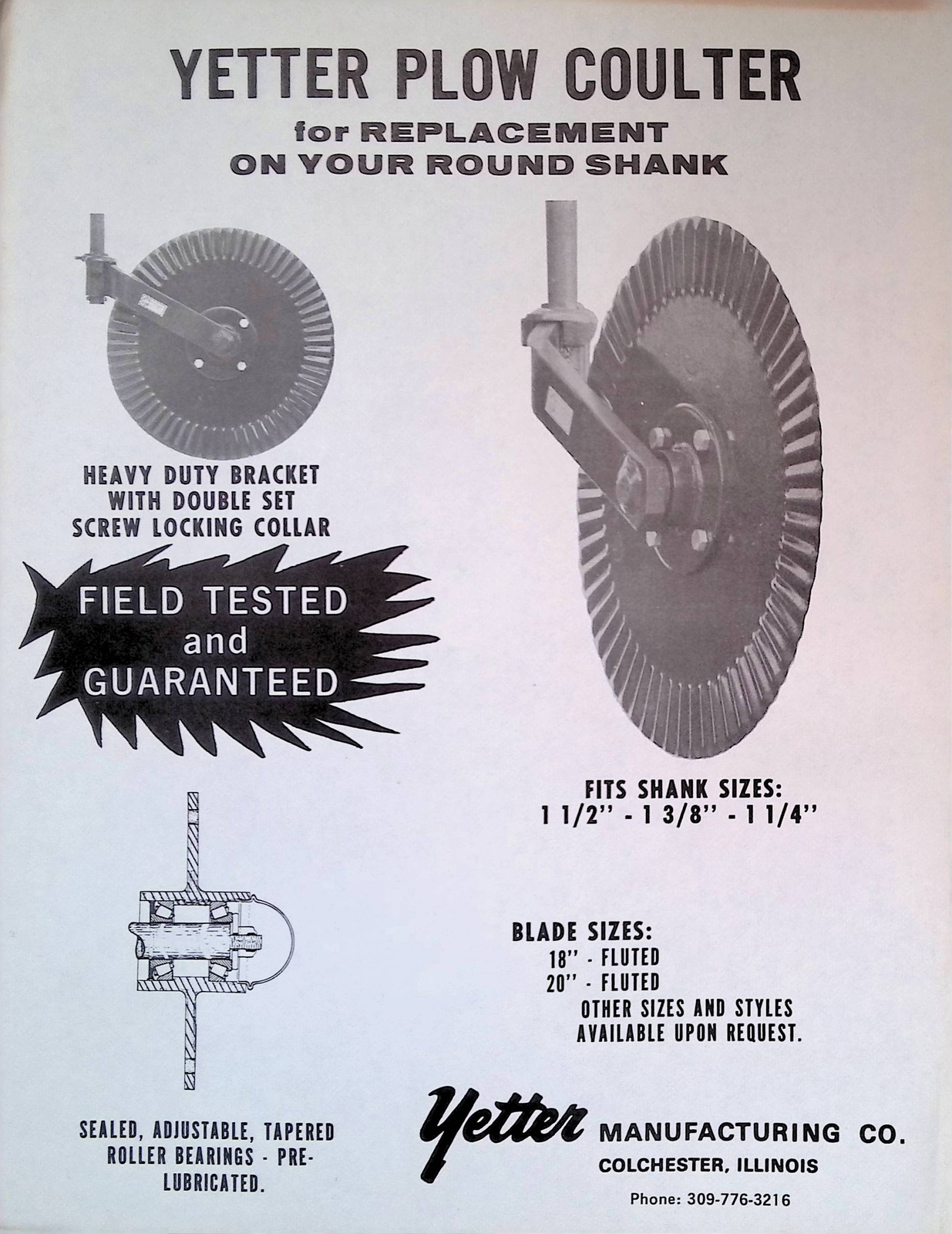 Vintage Farm Advertisement Spec Sheet Yetter Plow Coulter Heavy Duty Bracket Fie