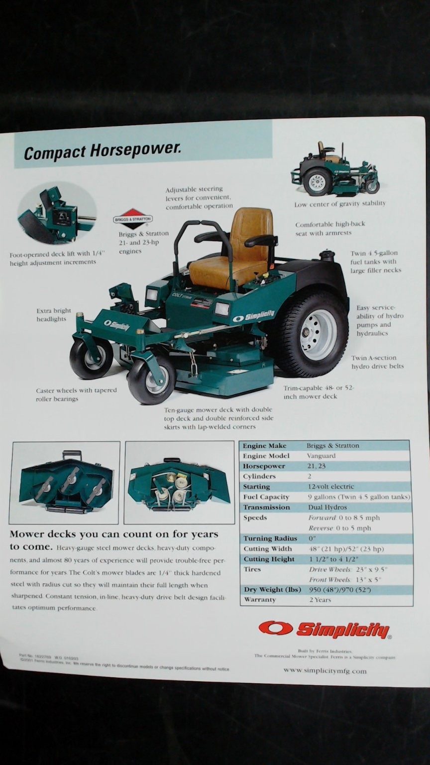 Simplicity Colt ZT2148 ZT2352 Brochure Mid-Mount Zero-Turn Mower 2001
