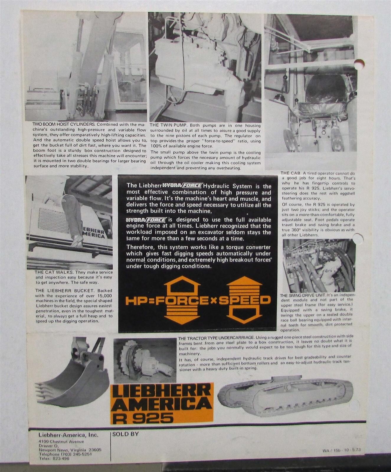 1973 Liebherr R925 Excavator Specifications Construction Sales Data Sheet