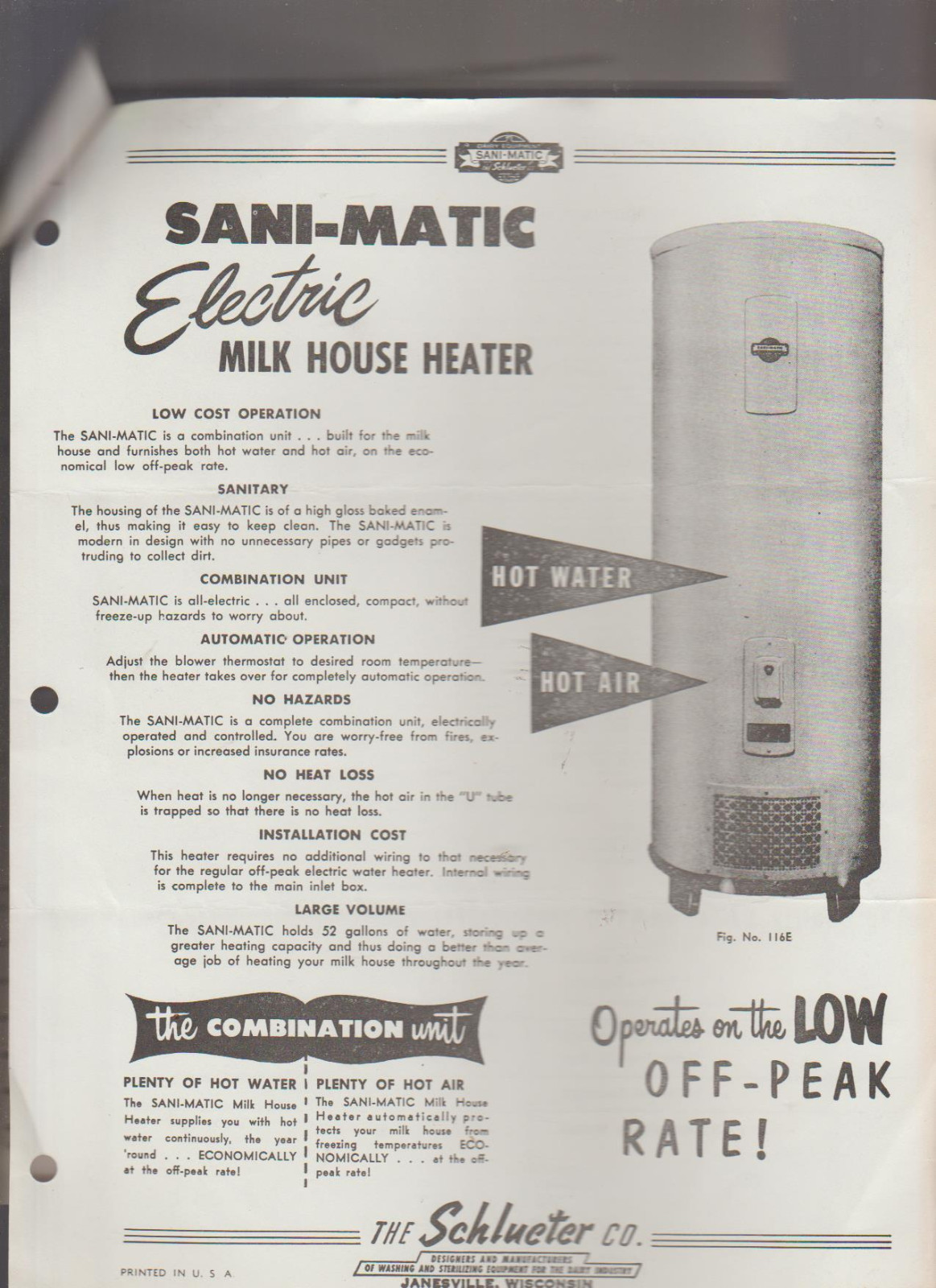 Sani-Matic Electric Milk House Heater 1960 Ad Brochure Schlueter Janesville Wi