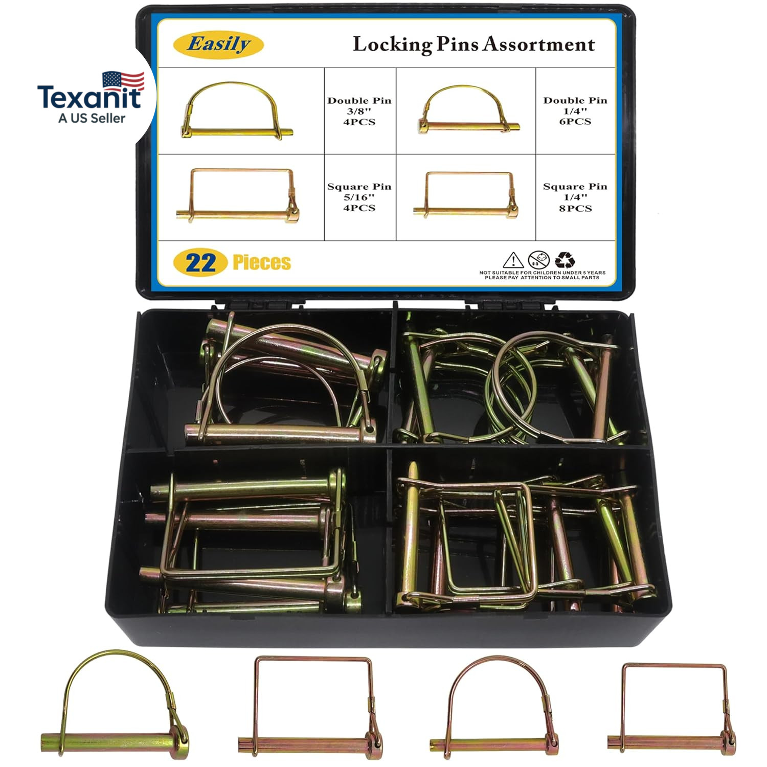 22 Pcs Shaft Locking Pin in 1/4&Prime;, 5/16&Prime; and 3/8&Prime; Diameter in 2 Shapes of Square
