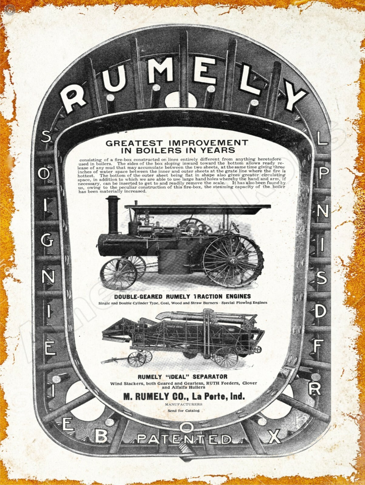 1907 M. Rumely Co. Traction Engine & Huller New Metal Sign: La Porte, Indiana