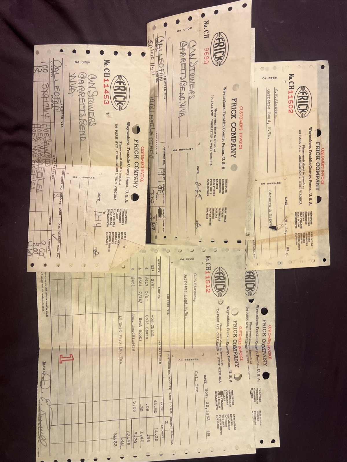 frick company waynesboro pa Invoices 1952