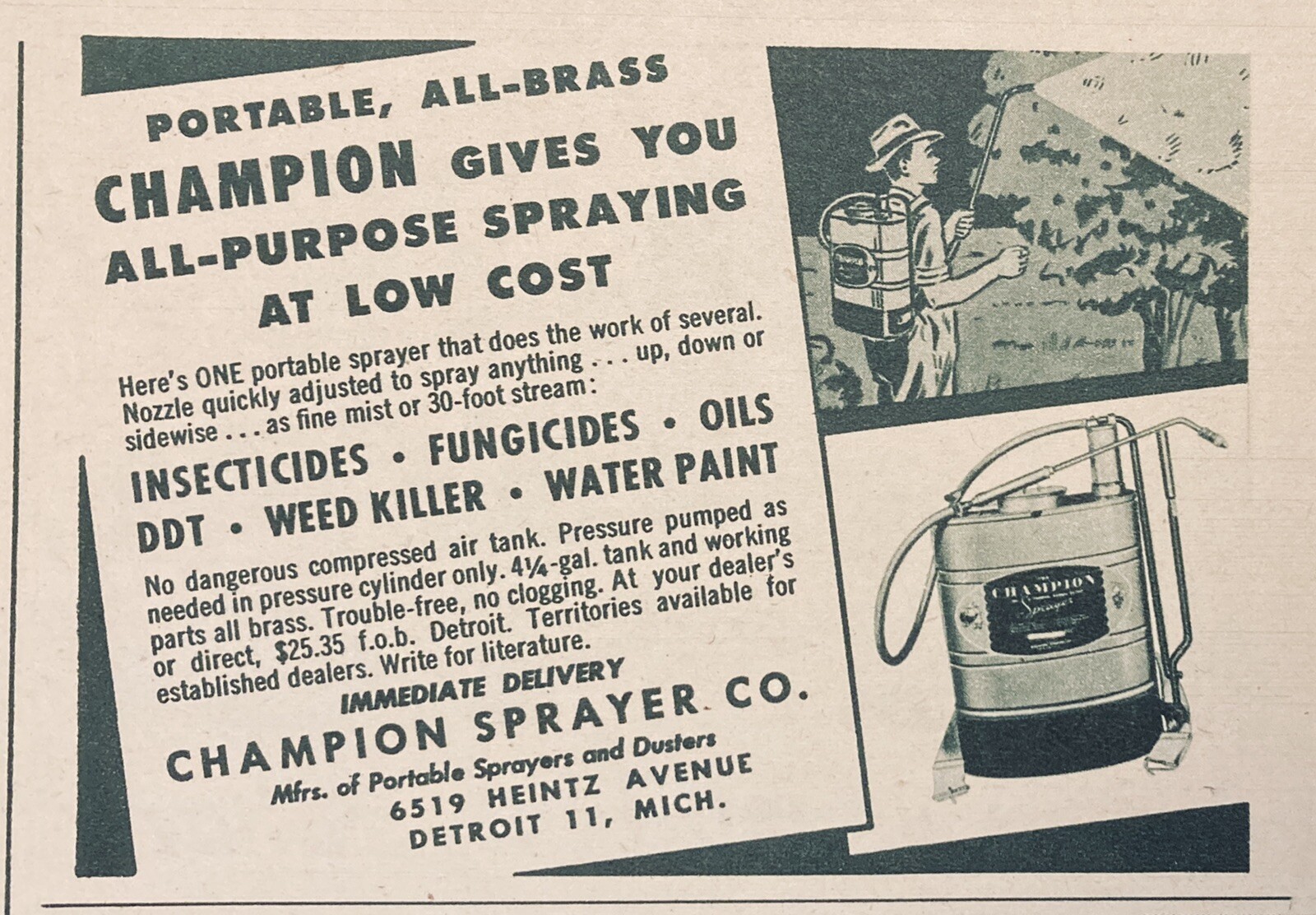 1947 AD.(XF15)~CHAMPION SPRAYER CO. DETROIT. CHAMPION BRASS PORTABLE SPRAYER