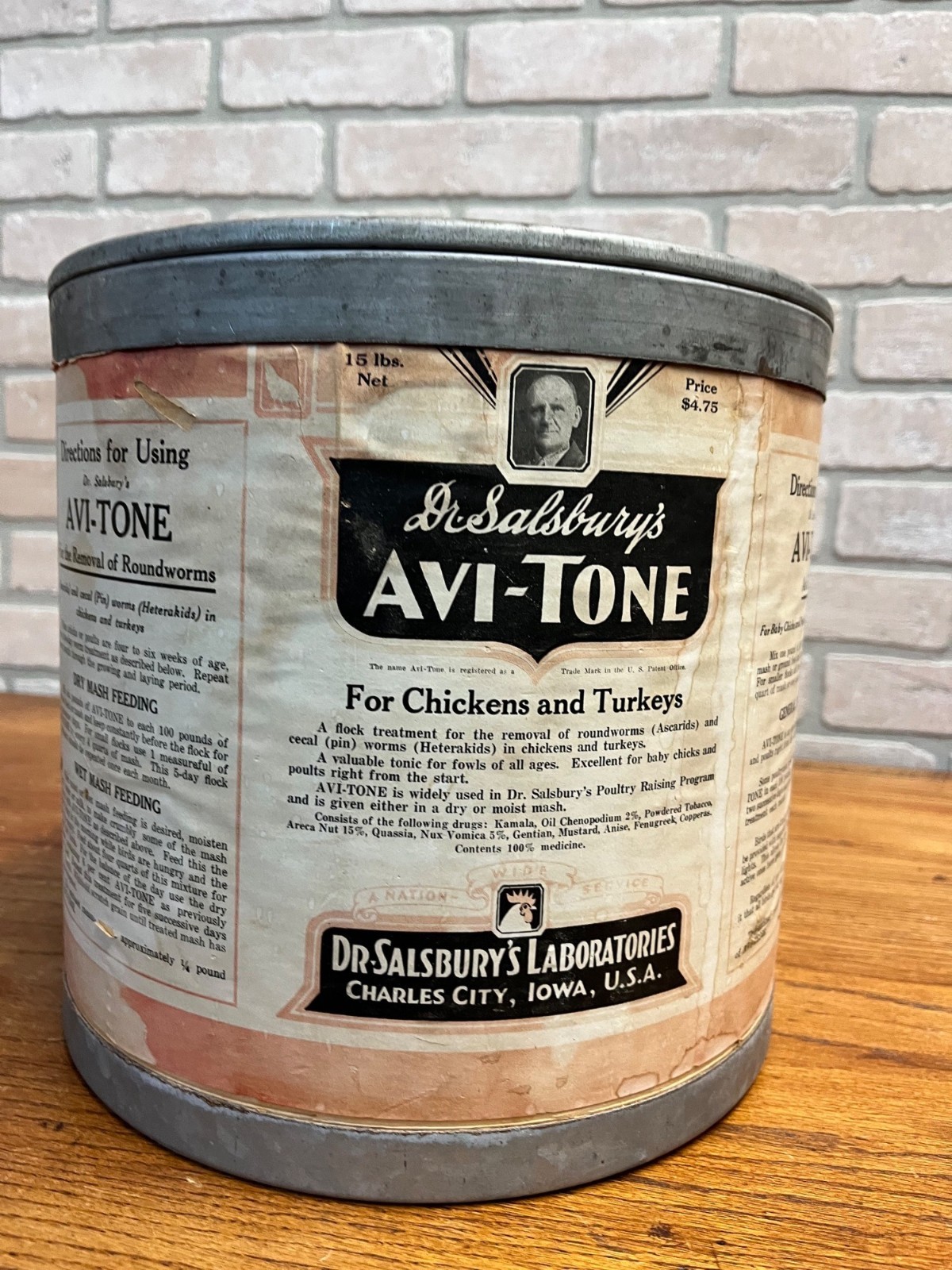 Vintage 1940s Dr. Salsbury&rsquo;s Avi-Tone Poultry Feed Treatment Advertising Can
