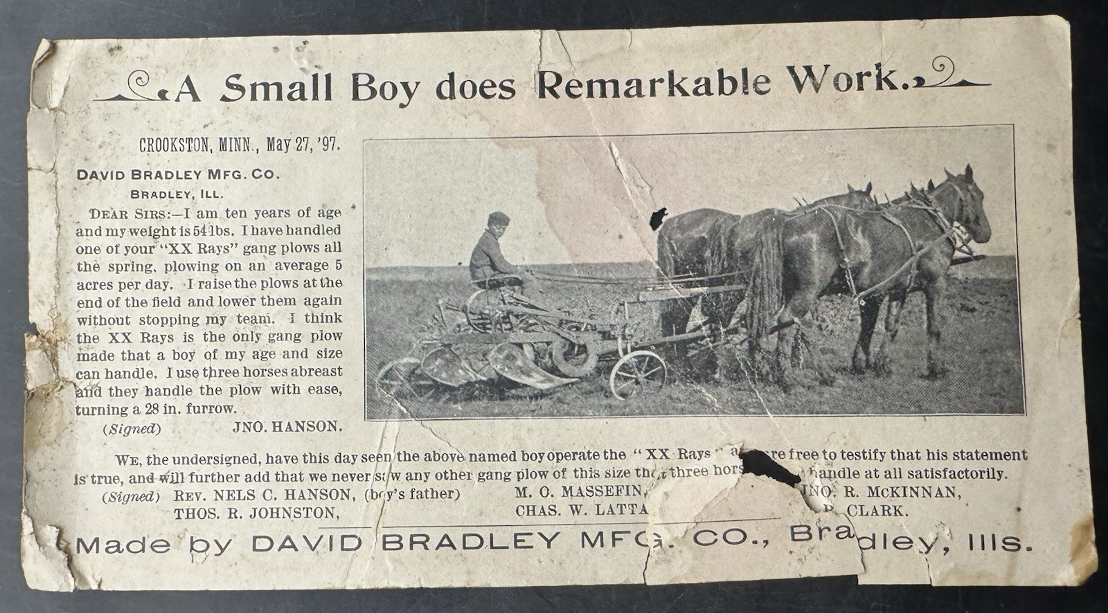 Antique David Bradley Gang Plow Advertising Broadside c1897 Farm Machinery
