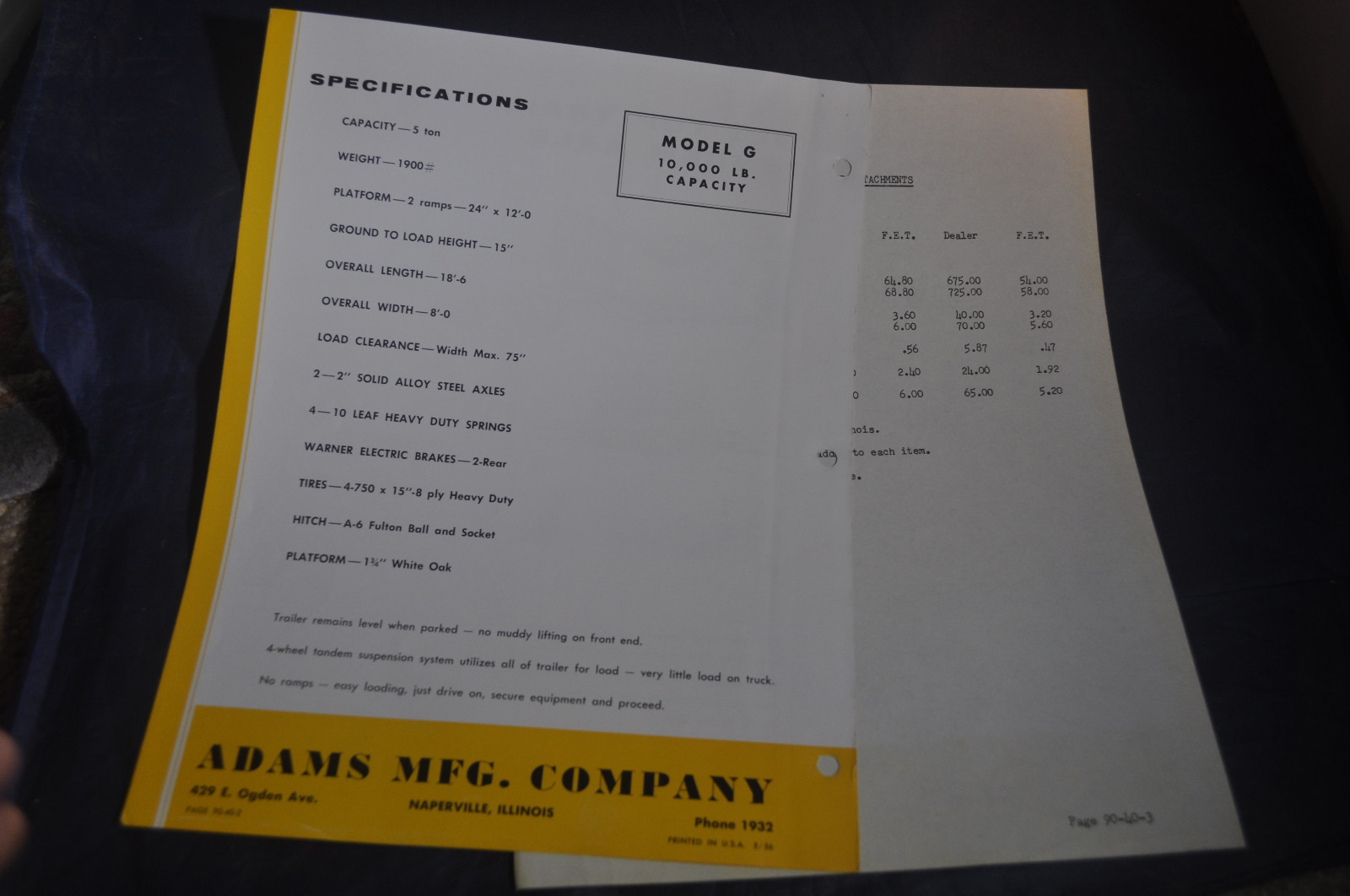 1956Titl Top Trailer Tandem Axle Brochure – Adams Mfg Co., Naperville, Ill