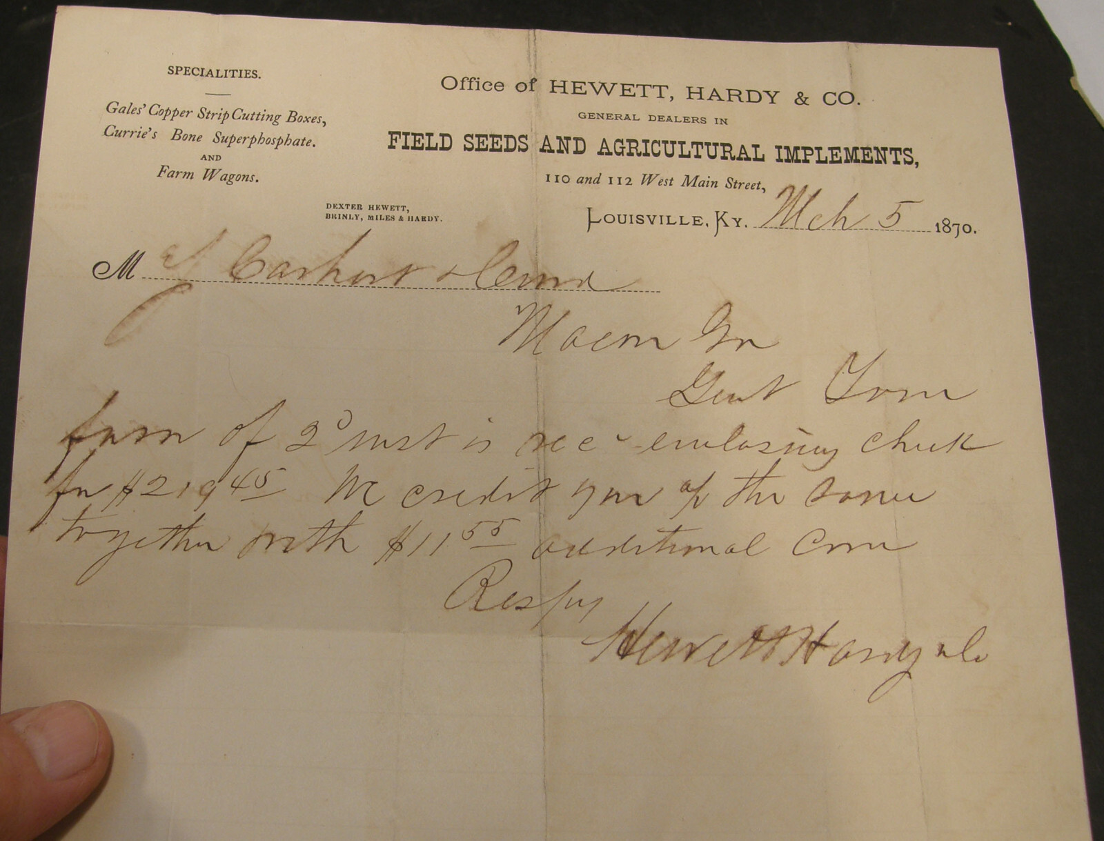 ANTIQUE LETTERHEAD HEWETT HARDY CO SEEDS & AGRICULTURAL IMPLEMENTS LOUISVILLE KY