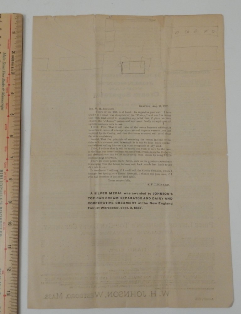 1887 JOHNSON&rsquo;s Top-Can DAIRY CREAMERY Cream Separator broadside WESTBORO MA milk