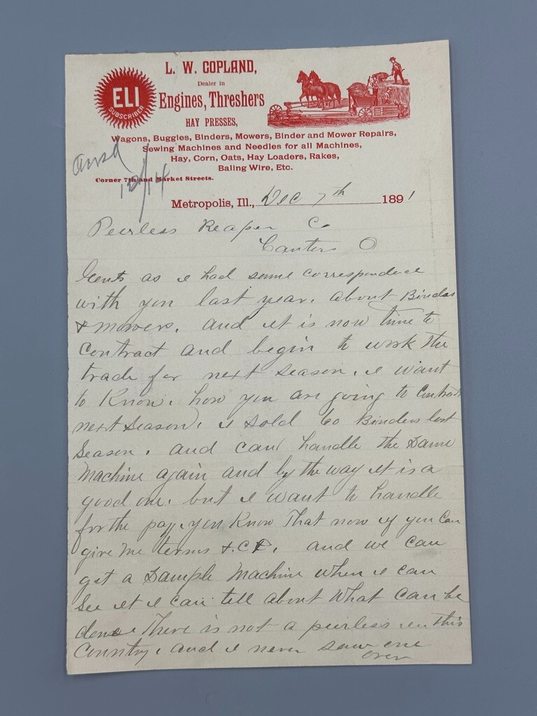 1891 ELI Copland THRESHERS Antique Farm Advertising Letterhead METROPOLIS IL