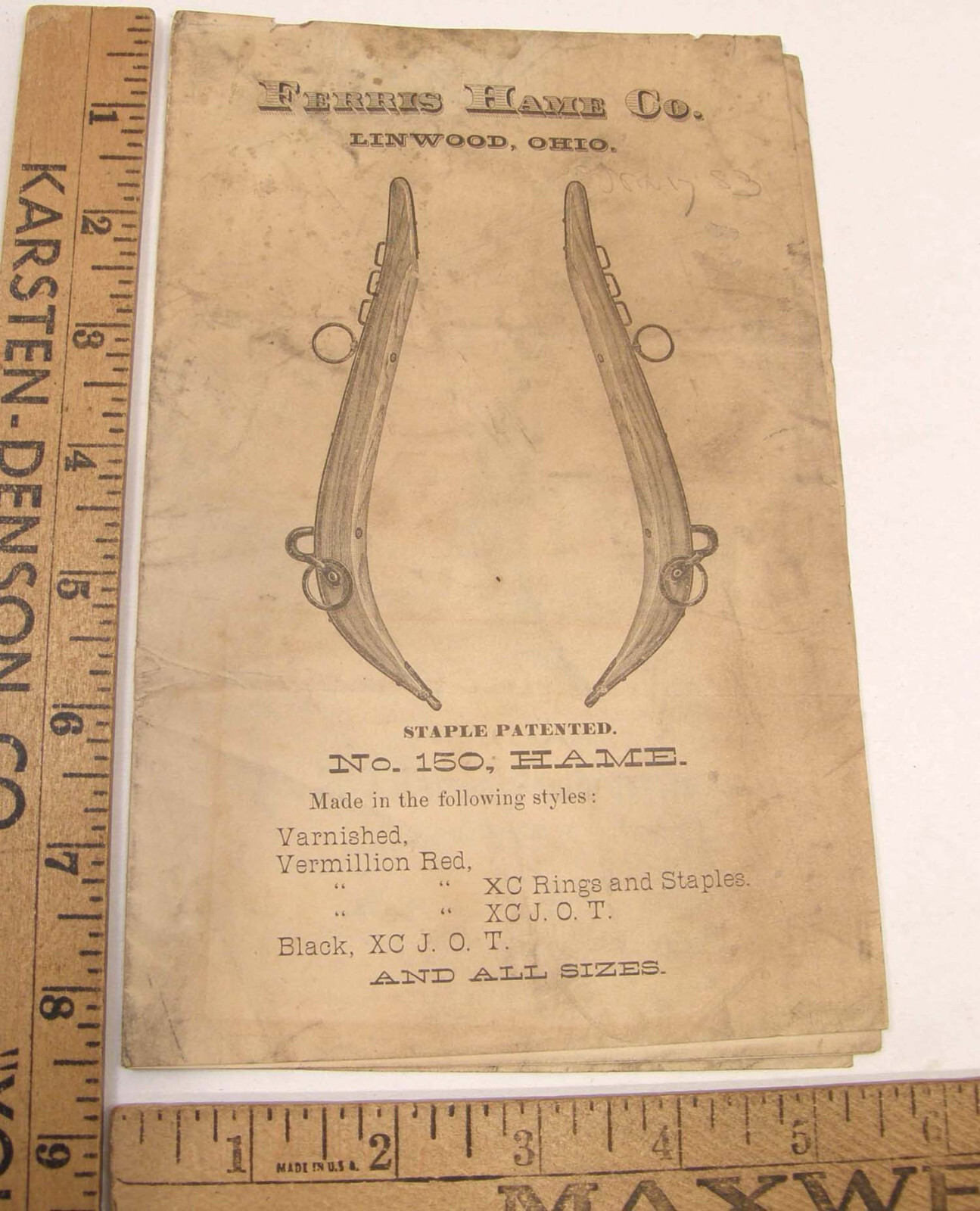 ANTIQUE c1870 BROCHURE FERRIS HAME CO LINWOOD OHIO HAMILTON COUNTY HORSE COLLAR