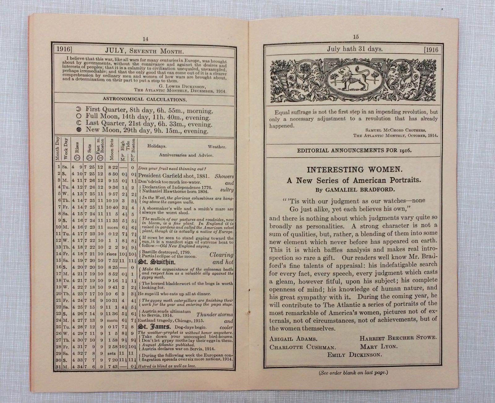 1916 THE ATLANTIC MONTHLY LITERARY ALMANAC, BOSTON MASSACHUSETTS