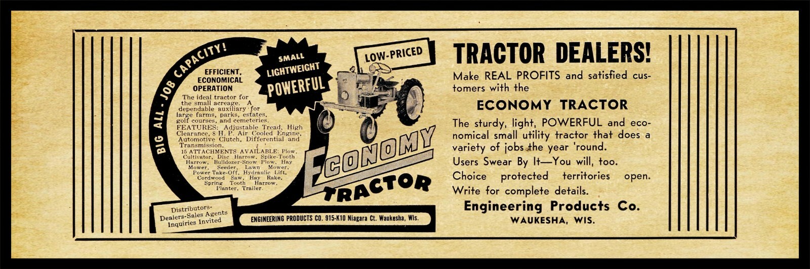 1951 Economy Tractors of Waukesha NEW Metal Sign 6&Prime;x18&Prime; Free Shipping